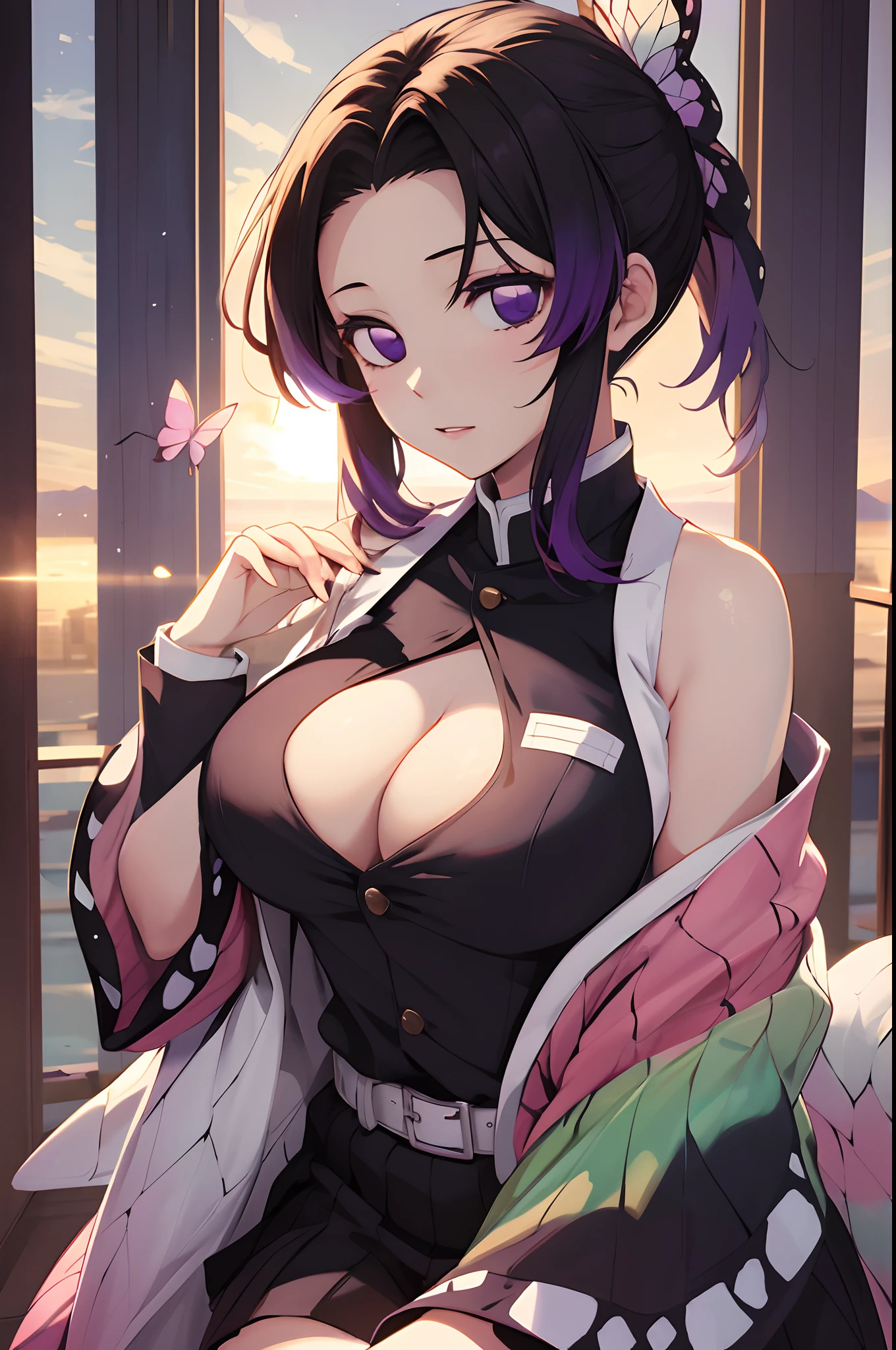 Kochou Shinobu, 1girl,master part, cabelos multicoloridos,Mangas, Purple eyes, Black jacket,black skirt,uniforme, Haori branco, , Multiple Butterflies, , Lake sunset, Reflexo da lente, perfect lighting, extremely high quality, hands behind, coxas grossas, seios grandes, grande clivagem, extremely high quality, high resolution,NSFW
