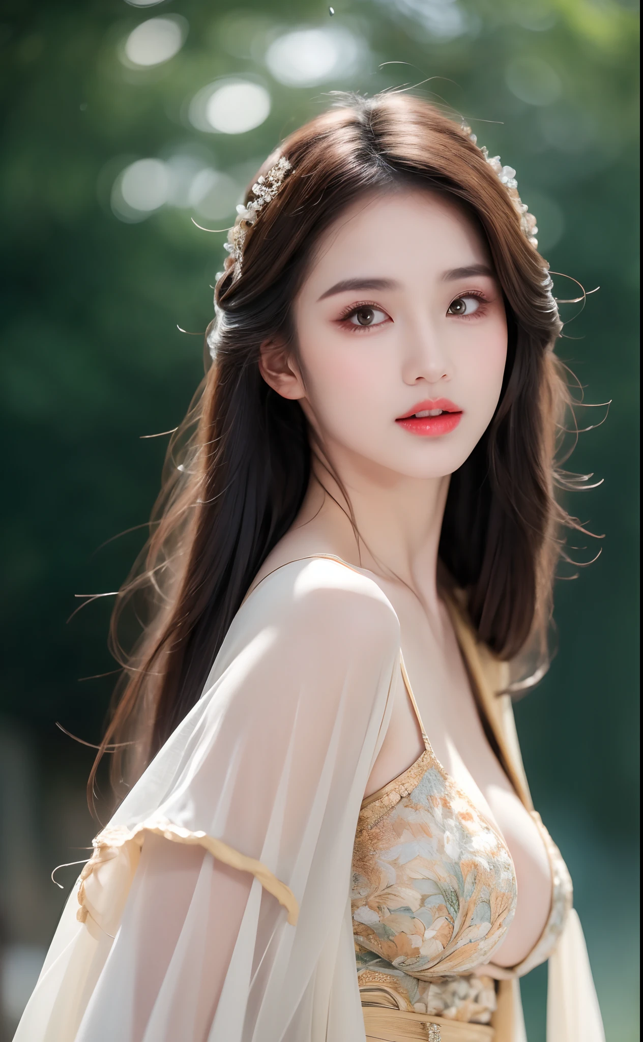 ((Best Quality, 8k, Masterpiece: 1.3)), Focus: 1.2, Perfect Body Beauty: 1.4, Buttocks: 1.2, ((Layered Haircut)), (Wet Clothes: 1.1), (Rain, Street:1.3), (Breasts: 1.2), (Hanfu: 1.2), Bare Shoulders, Bare Legs, Highly Detailed Face and Skin Texture, Fine Eyes, Double Eyelids, Whitened Skin, Long Hair, (Shut Up: 1.5), (Bokeh Background: 1.5), Big Breasts