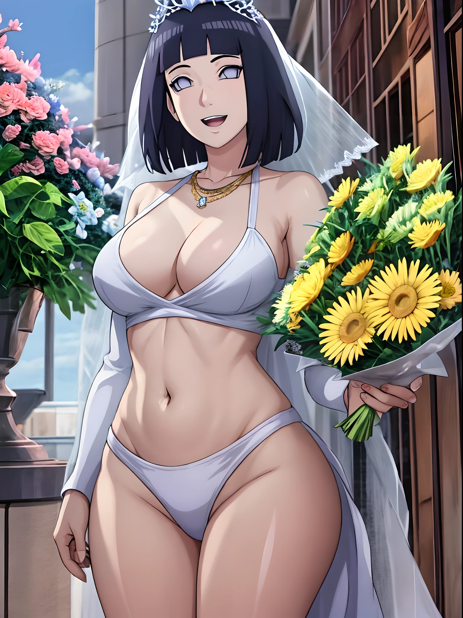 (WALLPAPER, (hinata\(boruto\), masterpiece, 4k, vector coloring, whole body shot, contrast lighting, mature female, milf, (curvy:0.8), solo, anime style, sharp focus, professional artwork, intricate details, detailed beach background, colorful, vibrant colors, vivid colors, digital blending, ultra detailed body, ultra detail hair, ultra detail face, trending on pixiv, very hot colors, sunny day, outdoor, detailed bold arm lines, high color saturation, bold lines, bold drawing lines),
(standing, open mouth, kind smile, extremely happy, goodbye, sexy pose),
((dark blue hair color:1.1), wavy hair, ((short hair, hime cut)),
(perfect eyes, white sciera, white eyes, anime eyes, smoky eyeliner, eyeshadow)
(white skin, slender body, milf, navel, groin, flat belly, perfect face, perfect thighs),
(Thighs, legs, big breasts, perky boobs, off-shoulders, (groin, detailed shoulders),
(almost naked, bare chest, bare shoulders, bare hands, bare legs),
(all cloth is white, white dress, wedding veil, white flower wedding tiara, gold necklace)