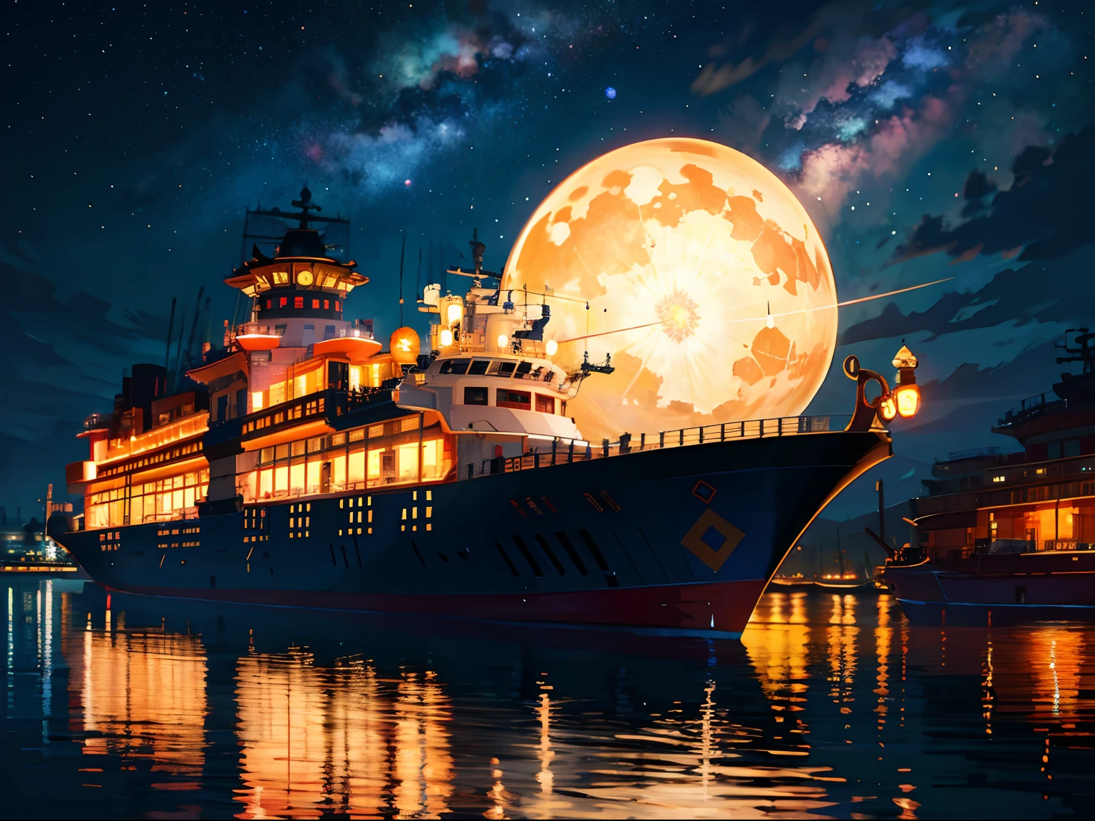 high resolusion，maximum quality，illustartion，Ultra detailed，Modern port at night，shipyard，xingguang，Meteor shower，light beam