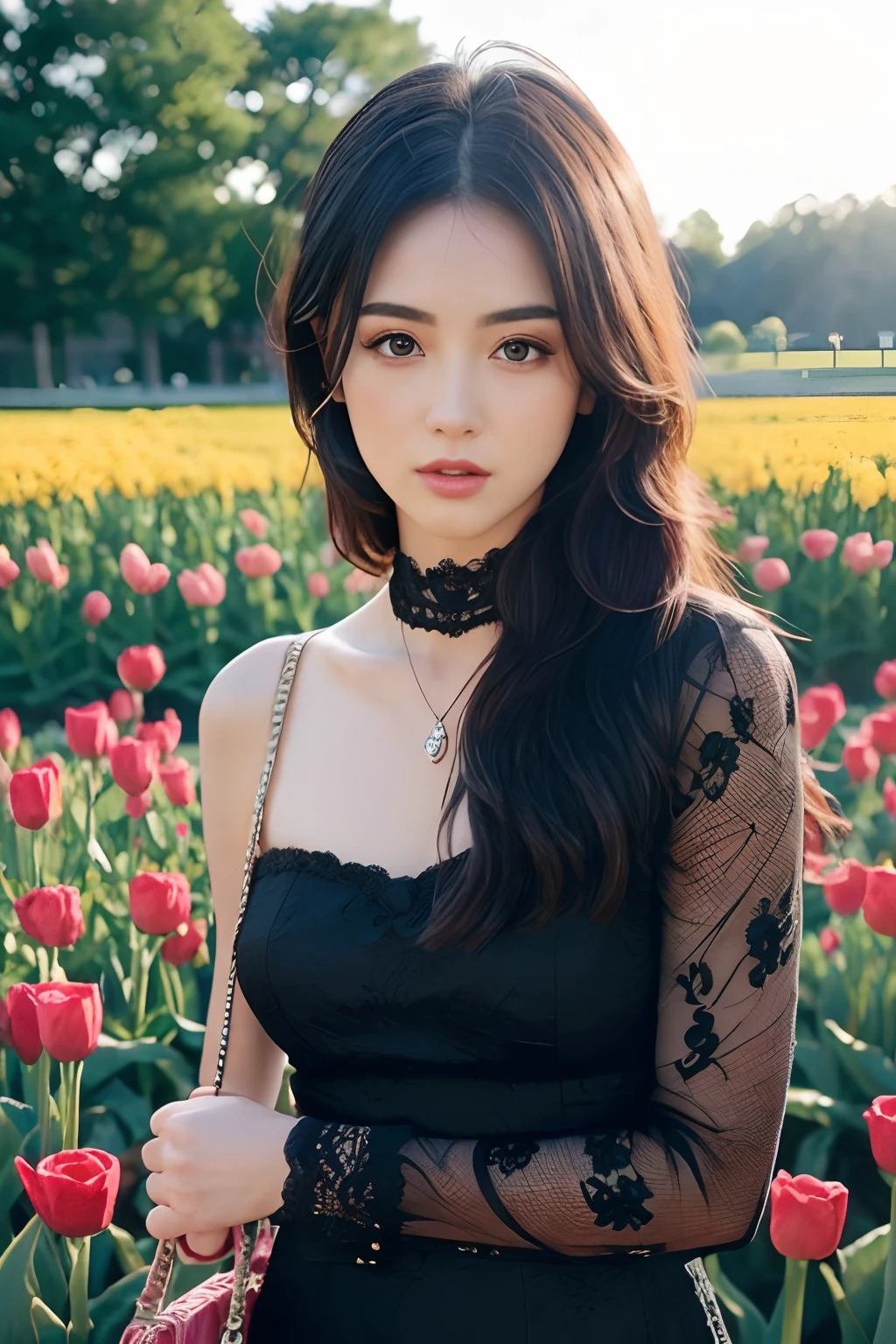 (8k, best quality, masterpiece:1.2),(realistic, photo-realistic:1.37),ultra-detailed,beautiful devil,upper body,face the front,looking at viewer,wearing black lace dress, blace versace bag on her shoulder. in tulip field.