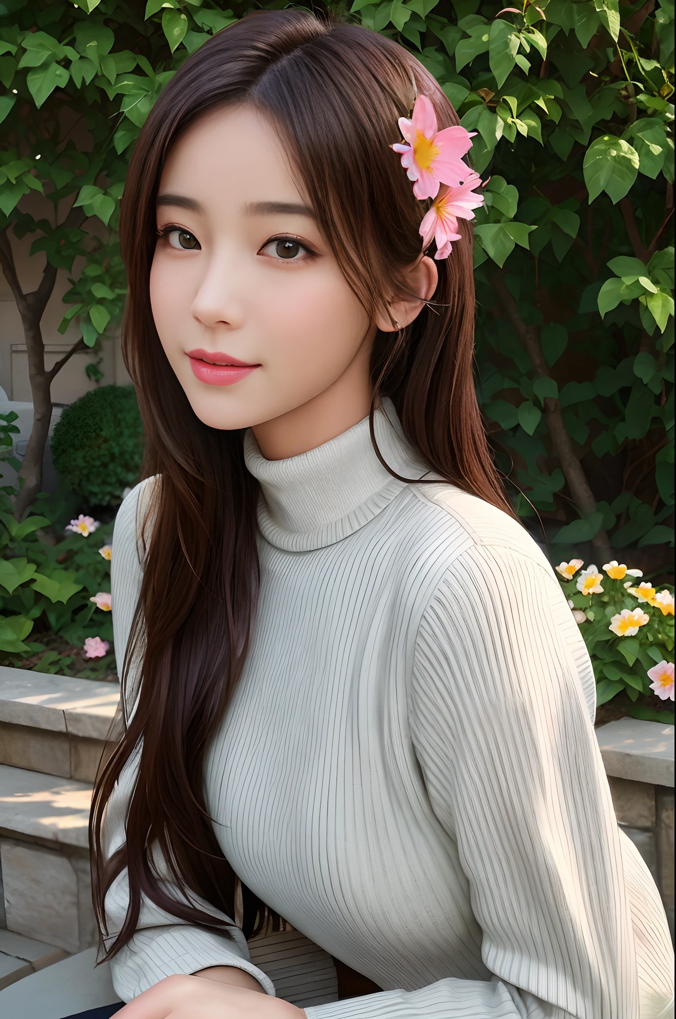 masterpiece,DSLR photo,analog style,nikon d5,real photo,a photo of a beautiful 20 year old woman,dramatic lighting (85mm),with Blooming garden in the background,(detailed facial features),(detailed shiny eyes),dynamic angle,Michelangelo style,long hair,turtleneck sweater,smiling face:1.4,