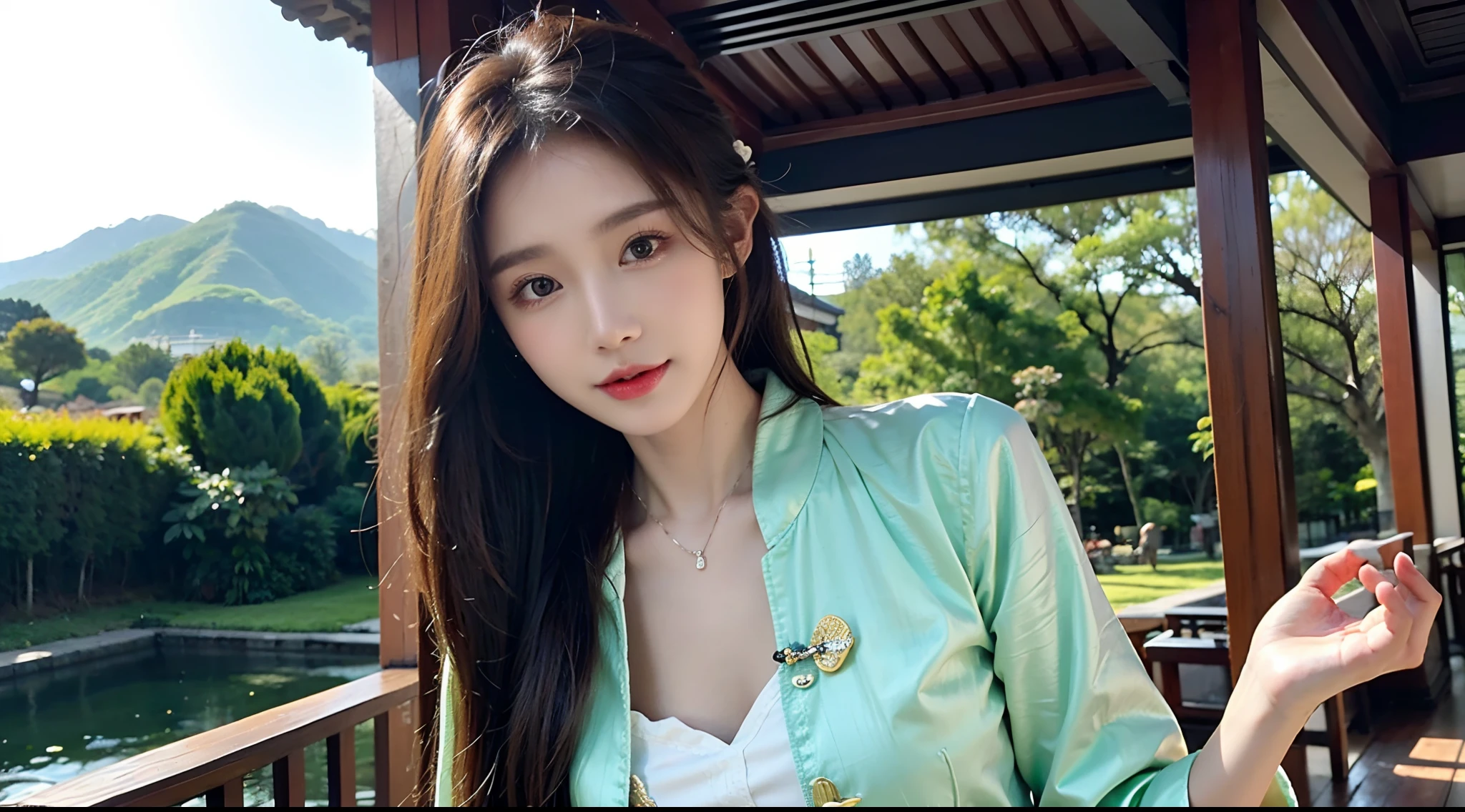 (A half body，Close-up，closeup cleavage：1.2)，Arakfi Asian woman sitting in chair，Wearing a green and gold dress, (outside,NOWAI，rays of sunshine，Skysky，hot onsen，florals，grassy，nevando） ， A girl in Hanfu, Hanfu, Cheongsam, with acient chinese clothes, Traditional beauty, Traditional Chinese clothing, Wearing ancient Chinese clothes, Chinese style, Chinese dress, Chinese costume, Chinese traditional, Chinese girl, wearing ornate silk clothes,Pink lip gloss，（Solo:1.4）