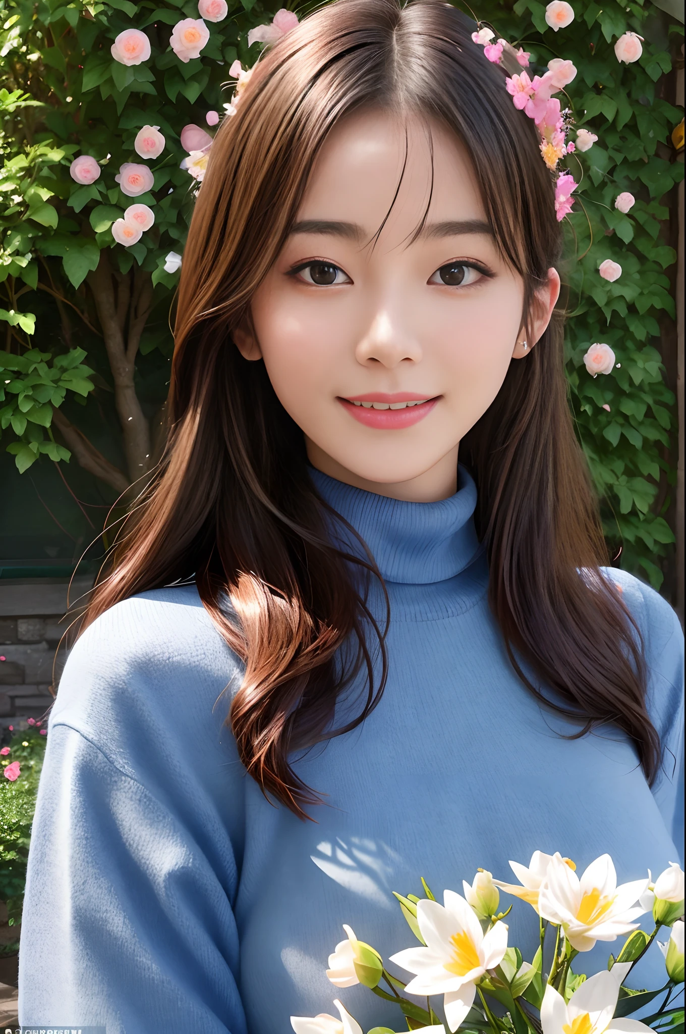 masterpiece,DSLR photo,analog style,nikon d5,real photo,a photo of a beautiful 20 year old woman,dramatic lighting (85mm),with Blooming garden in the background,(detailed facial features),(detailed shiny eyes),dynamic angle,Michelangelo style,long hair,turtleneck sweater,smiling face:1.4,