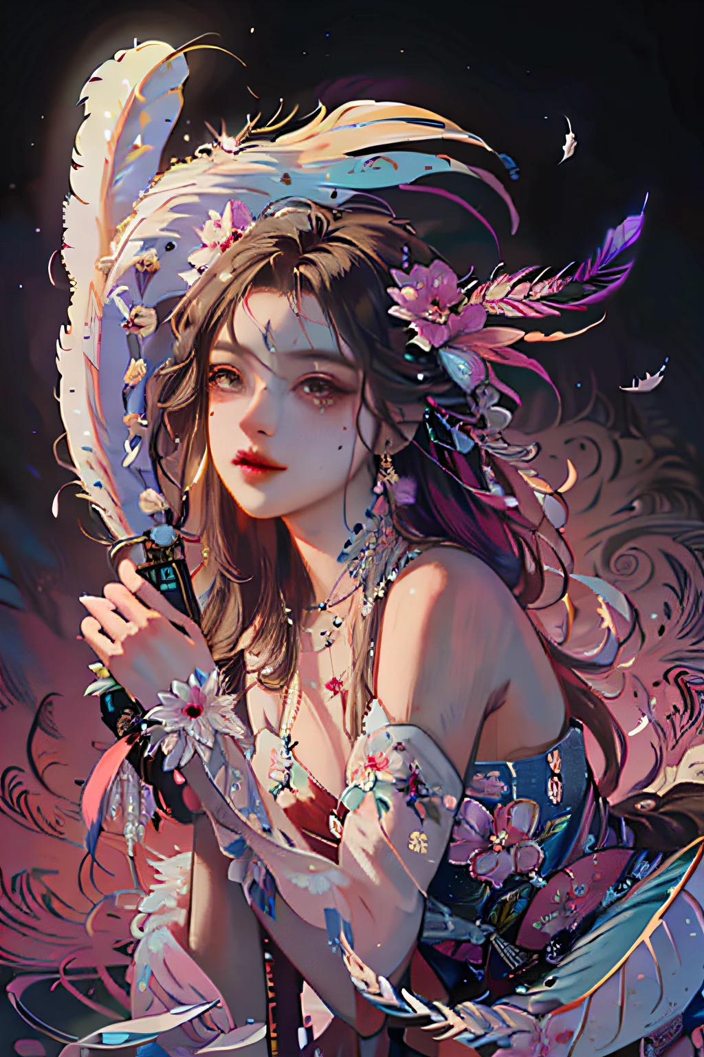 Araved woman with feathers and feather hat and sword, Beautiful character painting, Beautiful digital artwork, Fantasy art style, by Yang J, digital fantasy art ), Ross Tran 8 K, 8K high quality detailed art, A beautiful artwork illustration, beautiful digital art, Beautiful digital illustration, beautiful fantasy art, Guviz-style artwork