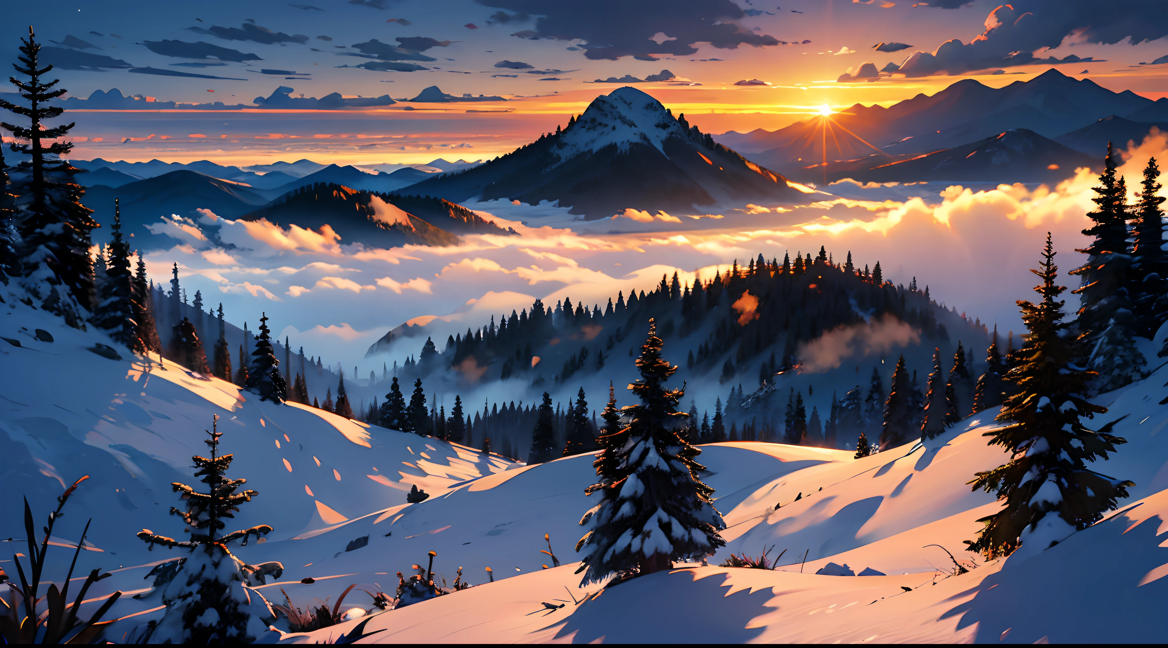 a grand view of foggy mountains while sunrise or sunset