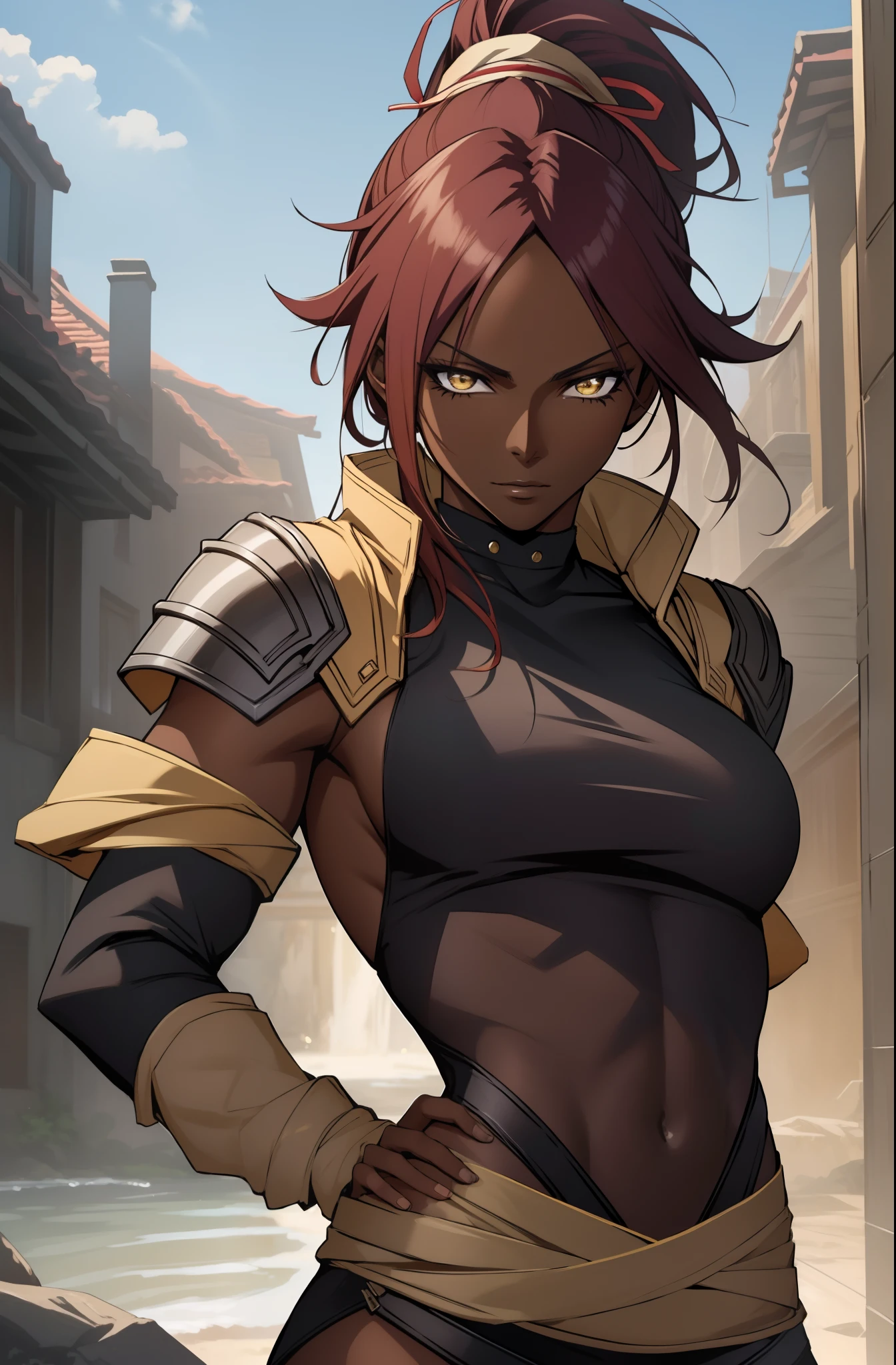 (masterpiece, best quality),  intricate details, 8k, artstation, wallpaper, official art, splash art, sharp focus,
1girl,  solo, shihouin yoruichi, (dark skin, dark-skinned female:1.2), ponytail, 
 cropped-fc,  underboob,