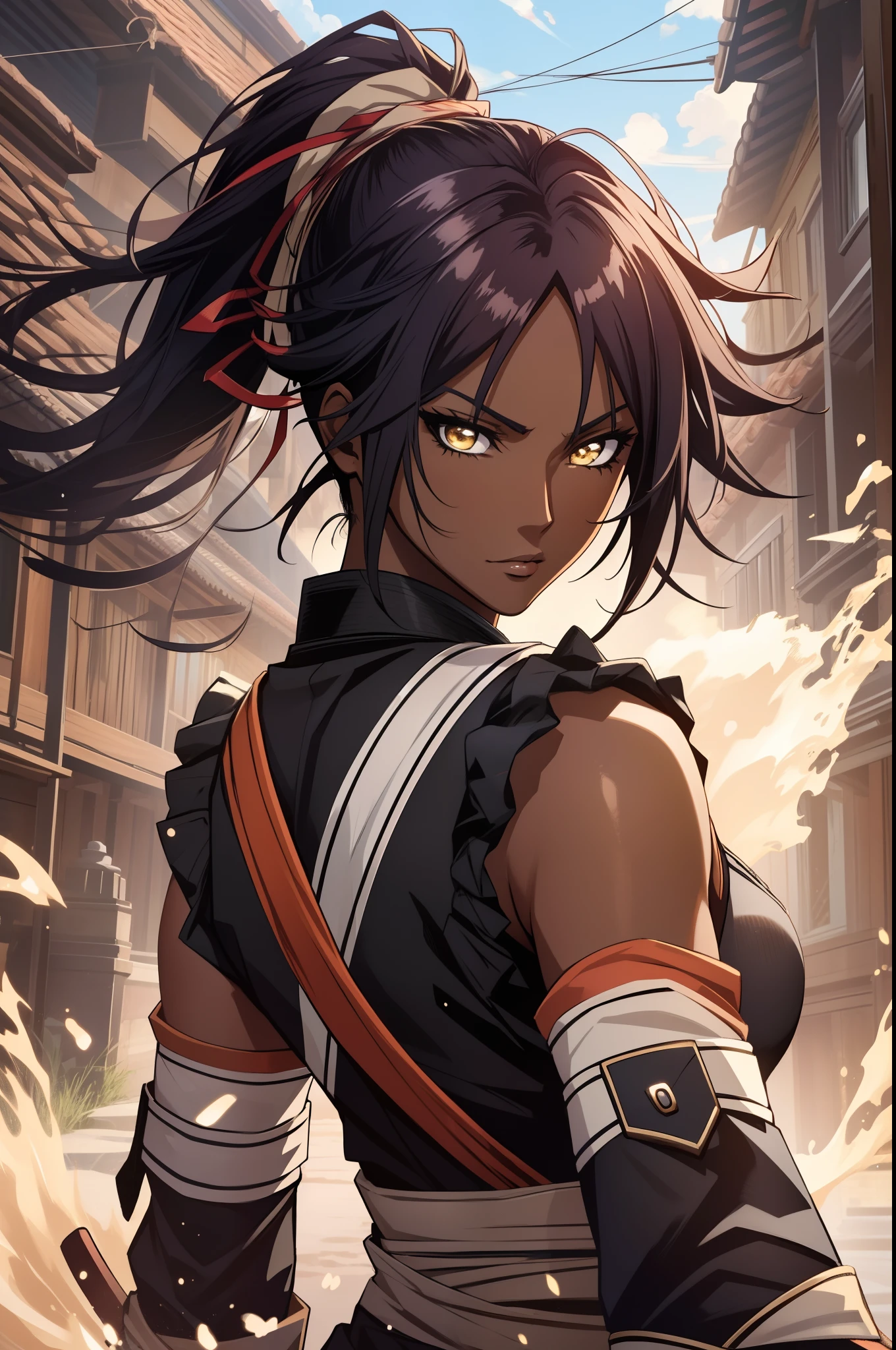 (masterpiece, best quality),  intricate details, 8k, artstation, wallpaper, official art, splash art, sharp focus,
1girl,  solo, shihouin yoruichi, (dark skin, dark-skinned female:1.2), ponytail,