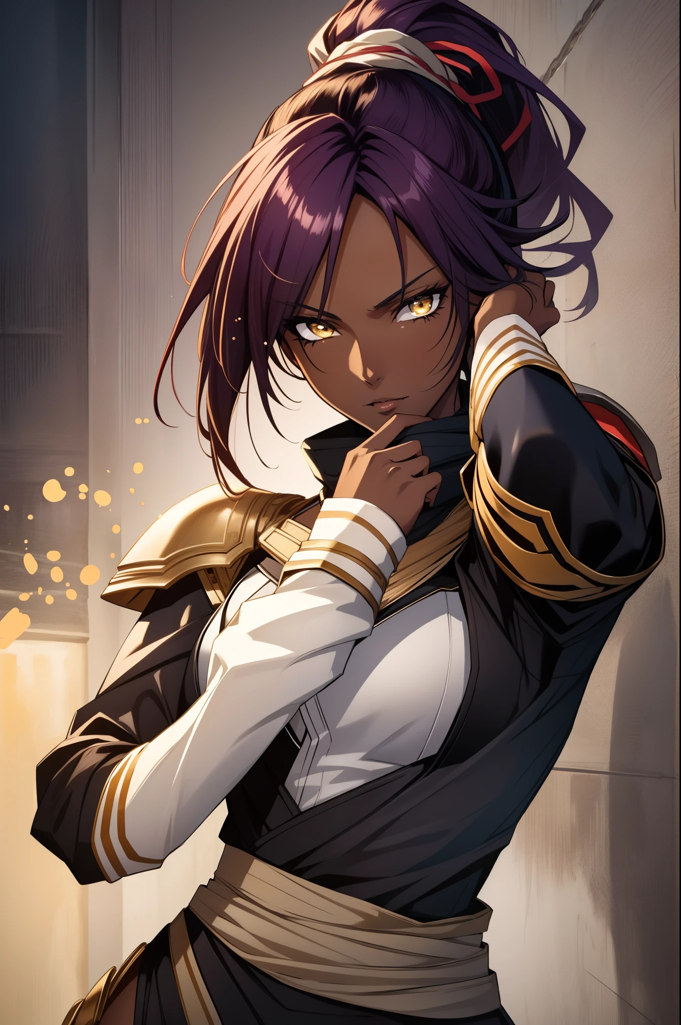 (masterpiece, best quality),  intricate details, 8k, artstation, wallpaper, official art, splash art, sharp focus,
1girl,  solo, shihouin yoruichi, (dark skin, dark-skinned female:1.2), ponytail,