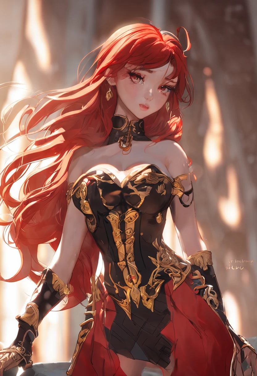 In the midst of beautiful sunbathing,🔥🔴Fiery red hair,Golden skin,透过📷蓝眼睛,High steel boots,Red corset。