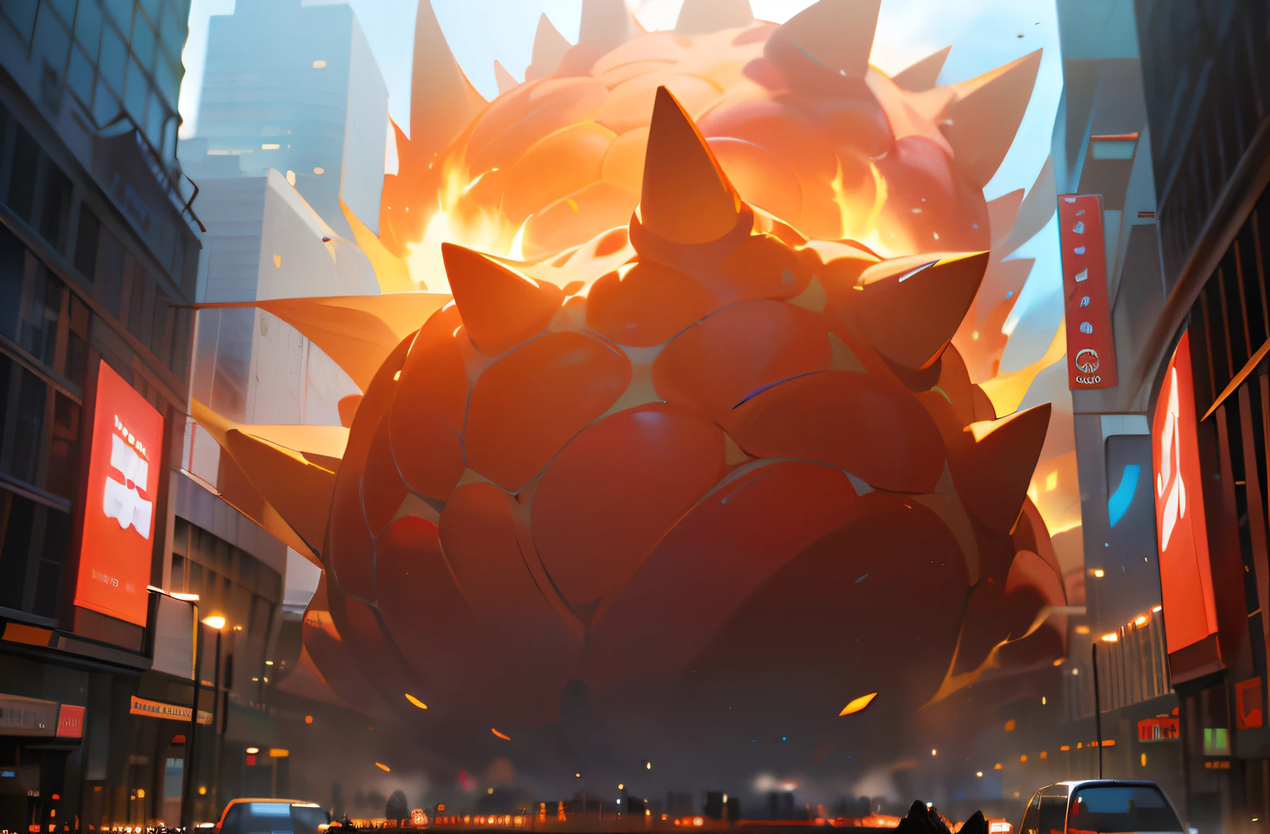 Giant magma monsters roam the city，Fleeing crowds，The sense of smallness of human beings，Look up，Cinema lenses，SENSE OF CINEMA，Premium lighting，tmasterpiece，right structure，Epic，of a real，Cinematic tones