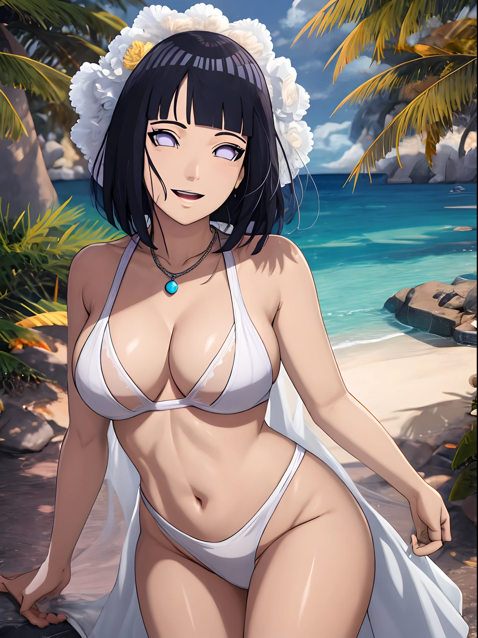 (WALLPAPER,  (hinata\(boruto\), masterpiece, 4k, vector coloring, whole body shot, contrast lighting, mature female, (curvy:0.8), solo, anime style, sharp focus, professional artwork, intricate details, detailed beach background, colorful, vibrant colors, vivid colors, digital blending, ultra detailed body, ultra detail hair, ultra detail face, trending on pixiv, very hot colors, sunny day, outdoor, detailed bold arm lines, high color saturation, bold lines, bold drawing lines),
(standing, open mouth, kind smile, extremely happy, goodbye, sexy pose),
((dark blue hair color:1.1), wavy hair, ((short hair, hime cut)),
(perfect eyes, white sciera, white eyes, anime eyes, smoky eyeliner, eyeshadow)
(white skin, slender body, milf, navel, groin, flat belly, perfect face, perfect thighs),
(Thighs, legs, big breasts, perky boobs, off-shoulders, (groin, detailed shoulders), 
(almost naked, bare chest, bare shoulders, bare hands, bare legs), 
(all cloth is white, white dress, wedding veil, white flower wedding tiara, gold necklace)