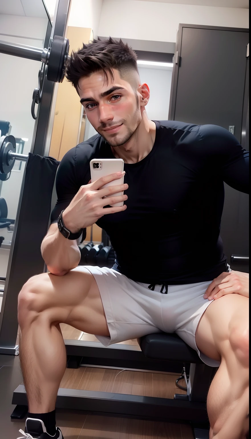 Man selfie on the mirror at gym center with handsome face, little smile
