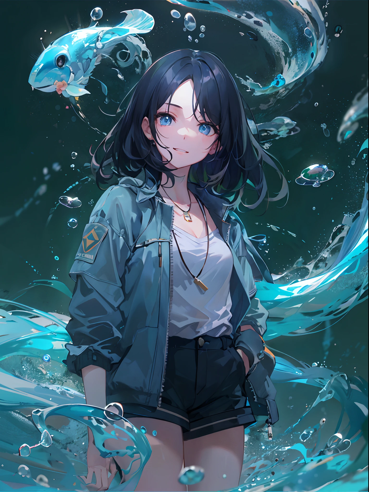 ((top-quality)), ((​masterpiece)), ((ultra-detailliert)), (extremely delicate and beautiful), girl with, 独奏, cold attitude,((Black jacket)),She is very(relax)with  the(Settled down)Looks,A dark-haired, depth of fields,evil smile,Bubble, under the water, Air bubble,bright light blue eyes,Inner color with black hair and light blue tips,Cold background,Bob Hair - Linear Art, shortpants、knee high socks、Camisole inner shirt、Hands in pockets