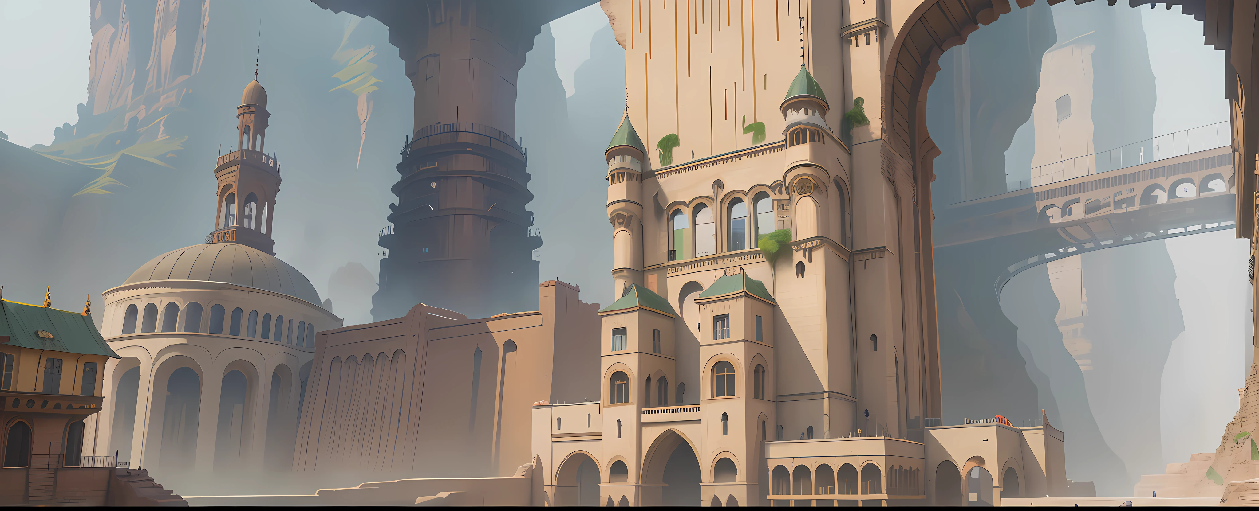 ((masterpiece)),((best quality)),((high detial)),((realistic,)) Industrial age city, deep canyons in the middle, architectural streets, bazaars, Bridges, rainy days, steampunk, European architecture