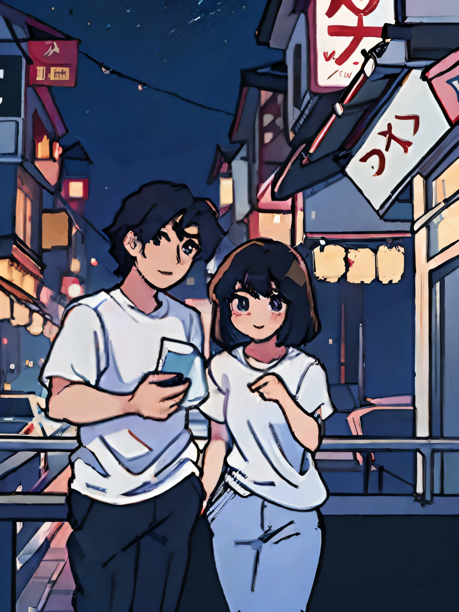 there are a woman and a man standing on a balcony with a city in the background, white tshirt, dressed in a white t shirt, wearing white shirt, plain white tshirt, dressed in a white t-shirt, white t-shirt, white t - shirt, white shirt, wearing a t-shirt, wearing a white shirt, white top, wearing a light shirt, anime, artstyle, beautiful woman, anime face, anime woman, painting, art, black hair, asia woman, pretty smile, night city background, handsome man, anime man, asia man