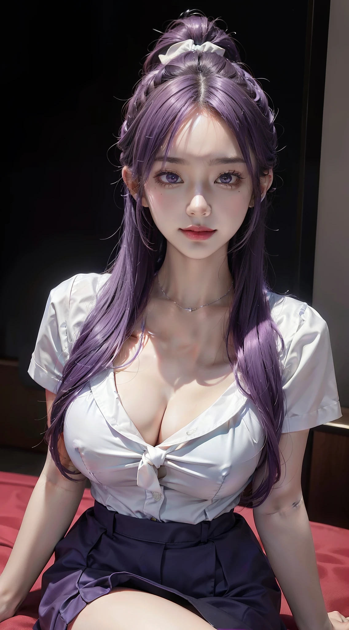 4k高清，closeup cleavage，croupier，white  shirt，Bow knot，Purple hair coloring，High ponytail，nedium breasts，Dress cool，鎖骨，Professional skirt，Texas Hold'em Beautiful girl playing poker，Rich in color，Ambiguous smile，succubi，tattoo