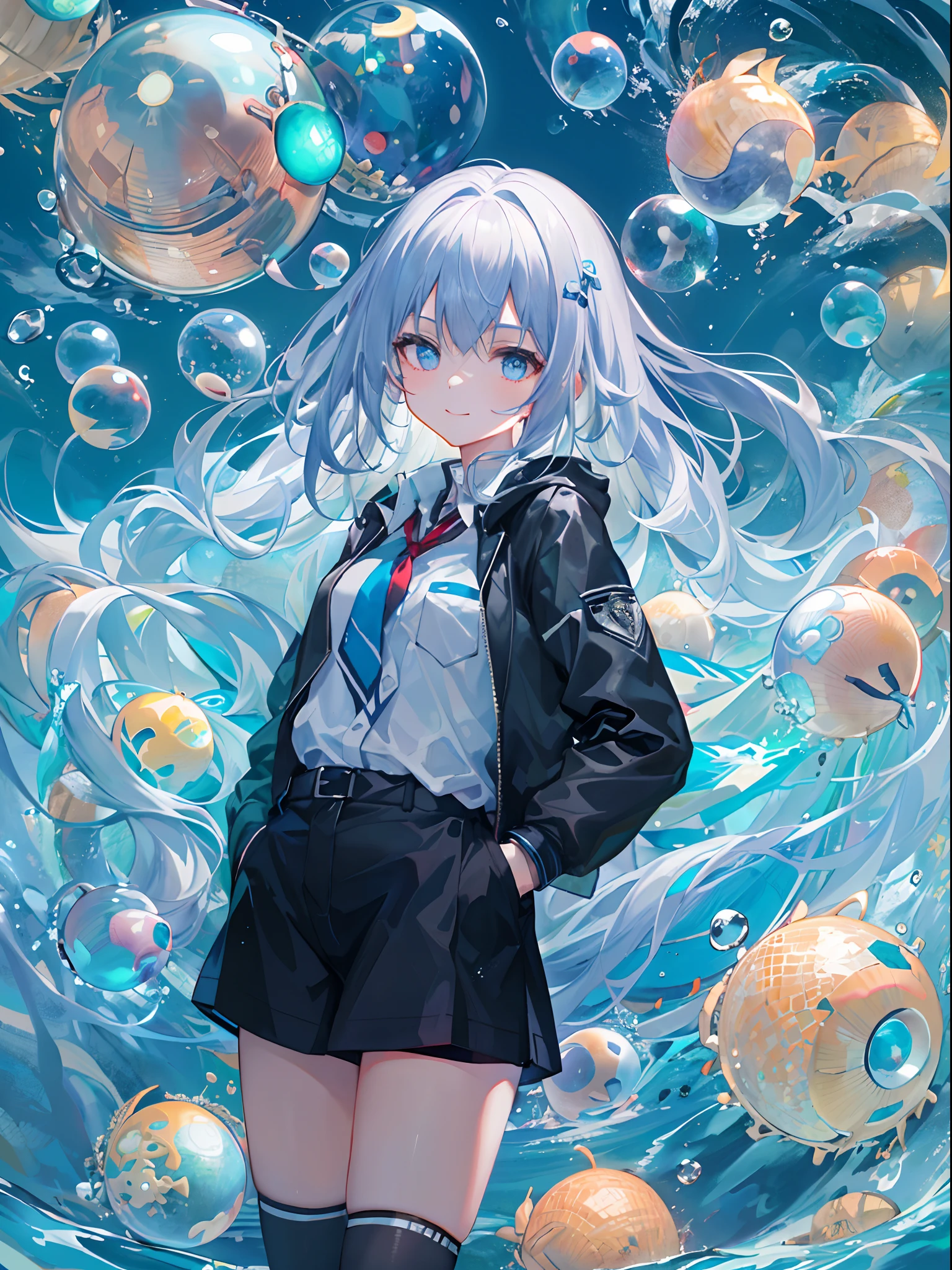 ((top-quality)), ((masterpiece)), ((ultra-detailliert)), (extremely delicate and beautiful), girl with, 独奏, cold attitude,((Black jacket)),She is very(relax)with the(Settled down)Looks,A dark-haired, depth of fields,evil smile,Bubble, under the water, Air bubble,bright light blue eyes,Inner color with black hair and light blue tips,Cold background,Bob Hair - Linear Art, shortpants、knee high socks、White uniform like school uniform、Light blue ribbon ties、Clothes are sheer、Hands in pockets