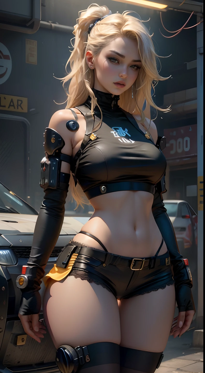 Blonde beauty girl country policeman French bangs high ponytail no trace underwear，cyber punk perssonage