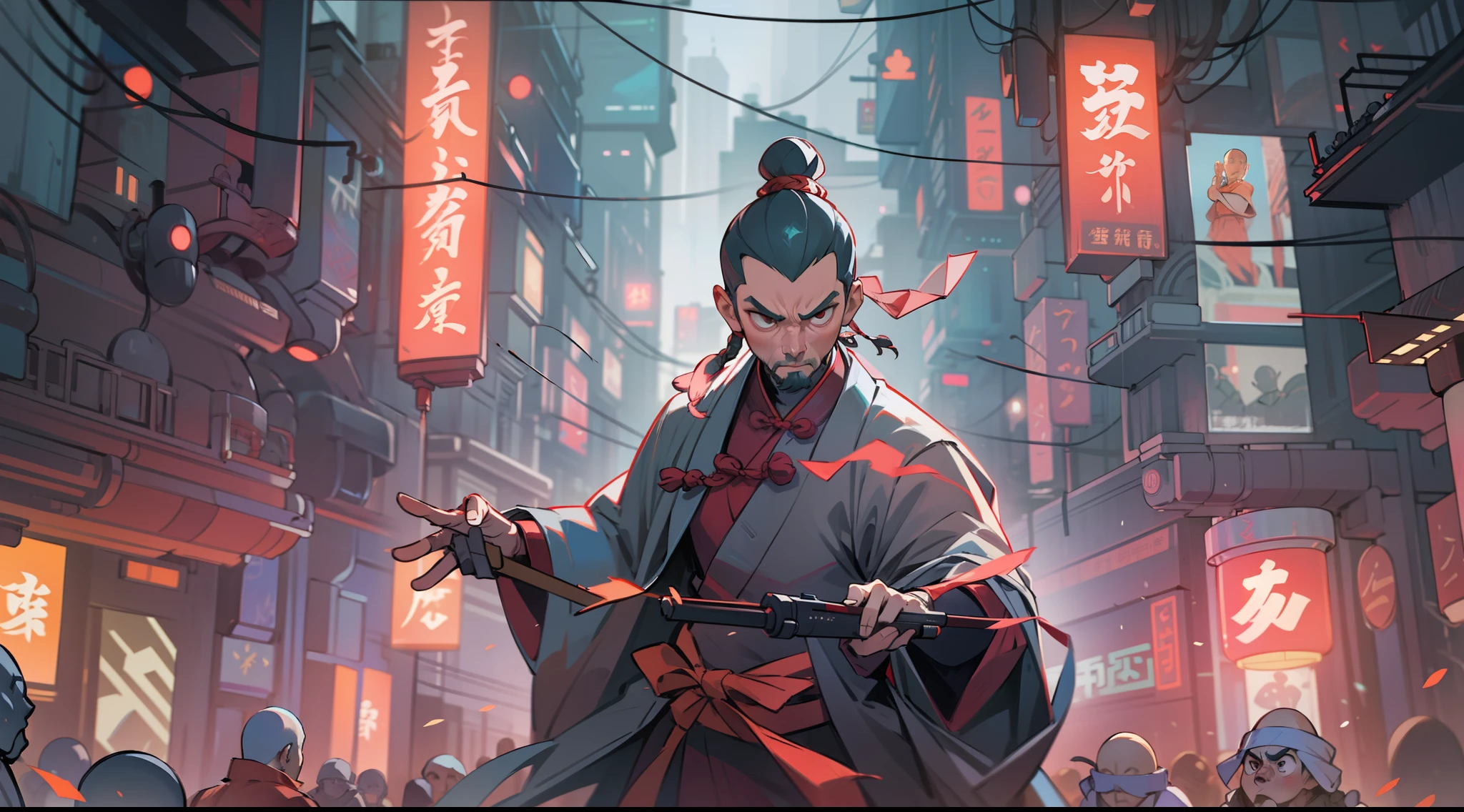 A traditional Chinese monk man is in a fighting stance waiting to be attacked by his enemies, he is surrounded by enemies, he is in a futuristic Chinese cyberpunk city, dusk, bright lights, dynamic composition, volumetric lights, ultra definition, ultra resolution , master piece, intricate details