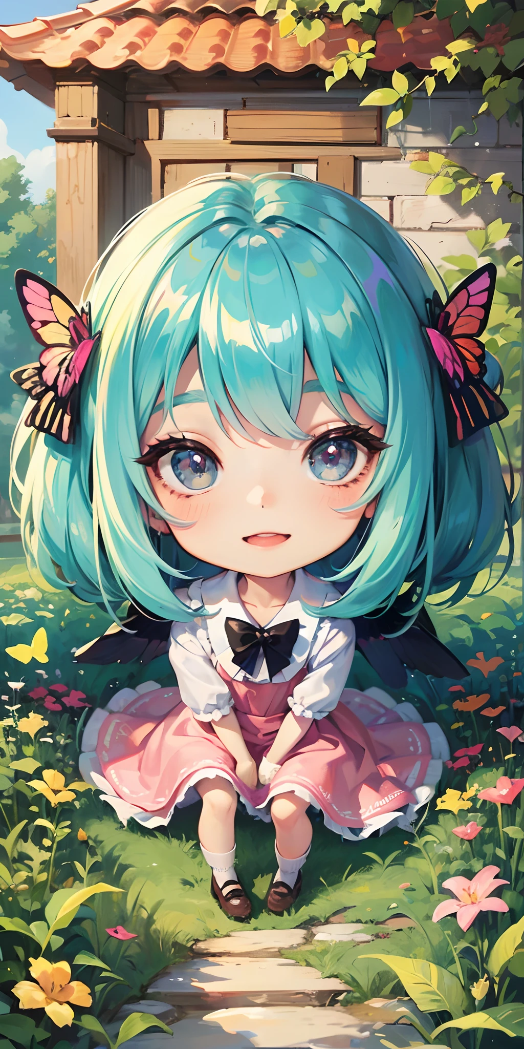Illustration of a Chibi style girl, cute, sorridentes, alegre, behind butterflies in the garden. --auto --s2