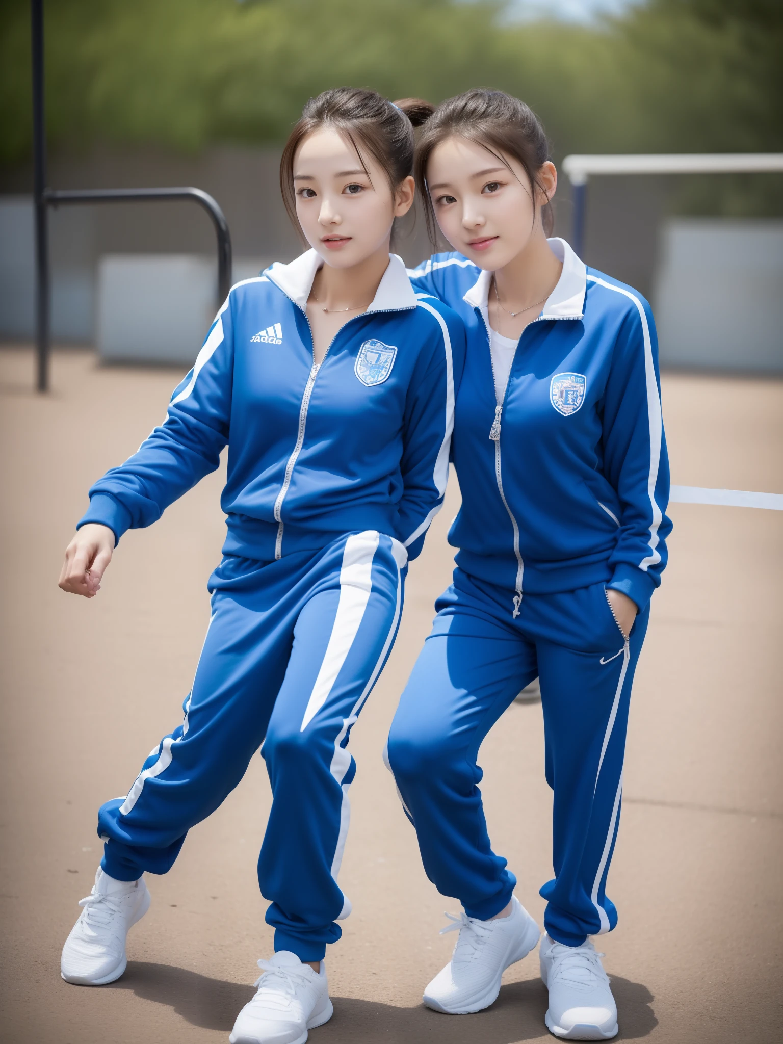 1 very beautiful female high school student,Wear blue and white tracksuits,Play volleyball on the school playground,Super high value,perfect body figure,Beautiful short ponytail,Delicate hair,Fair face and skin,There are beads of sweat hanging down,Have fun on the playground,Breasts are full and huge:1.5,Chest hyperexcion,The tracksuit on the chest is high and bulging, Tightness and bulging,Delicate fair and soft toes,detailed finger,fully body photo