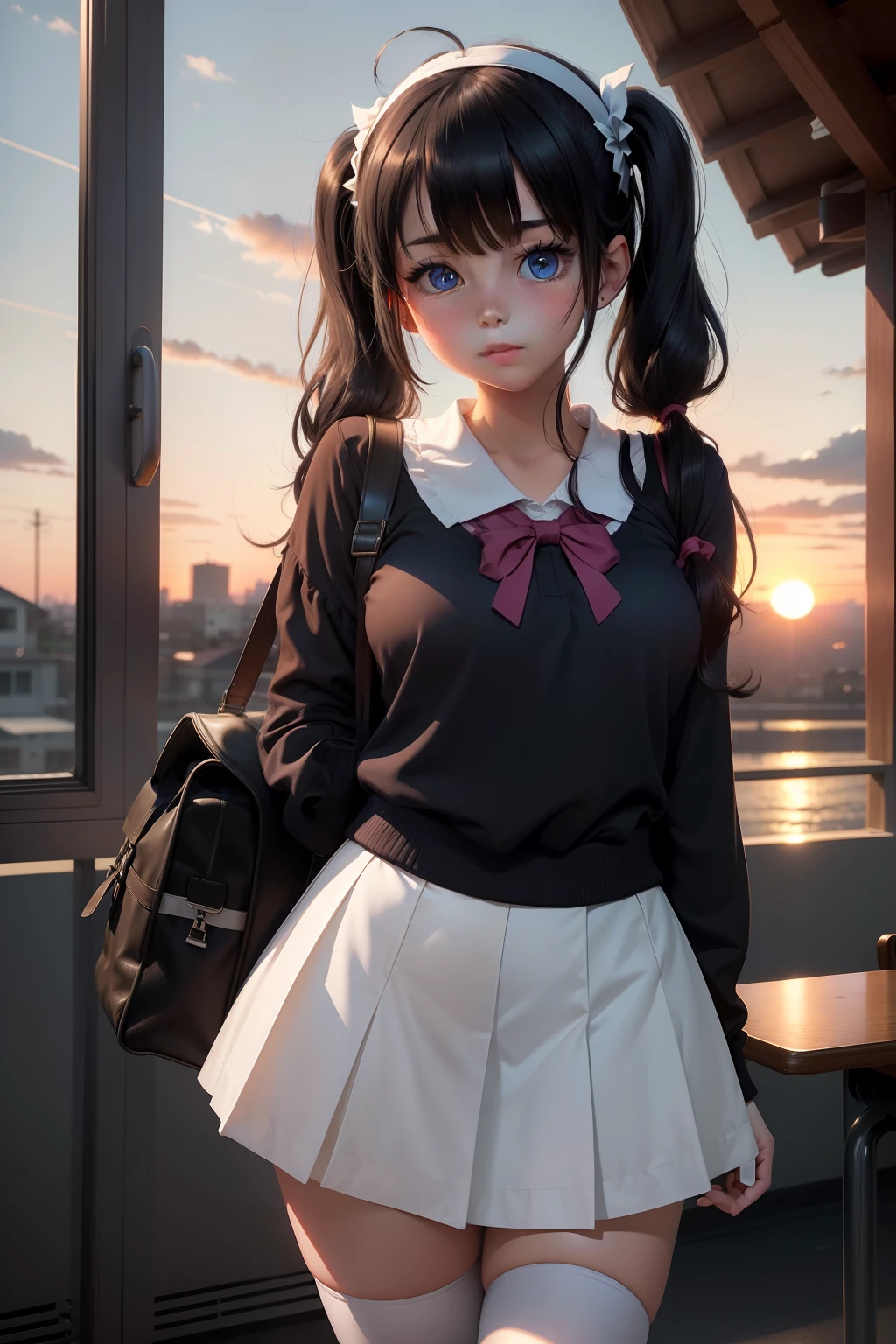 masterpiece, best quality, dusk, sunset, against backlight at dusk, comic, adorable girl, student, medium hair, black hair, ahoge, twintails, hair between eyes, white hairband, cute face, blue eyes, breasts, small breasts, school uniform, white thighhighs, uwabaki, satchel, head tilt,