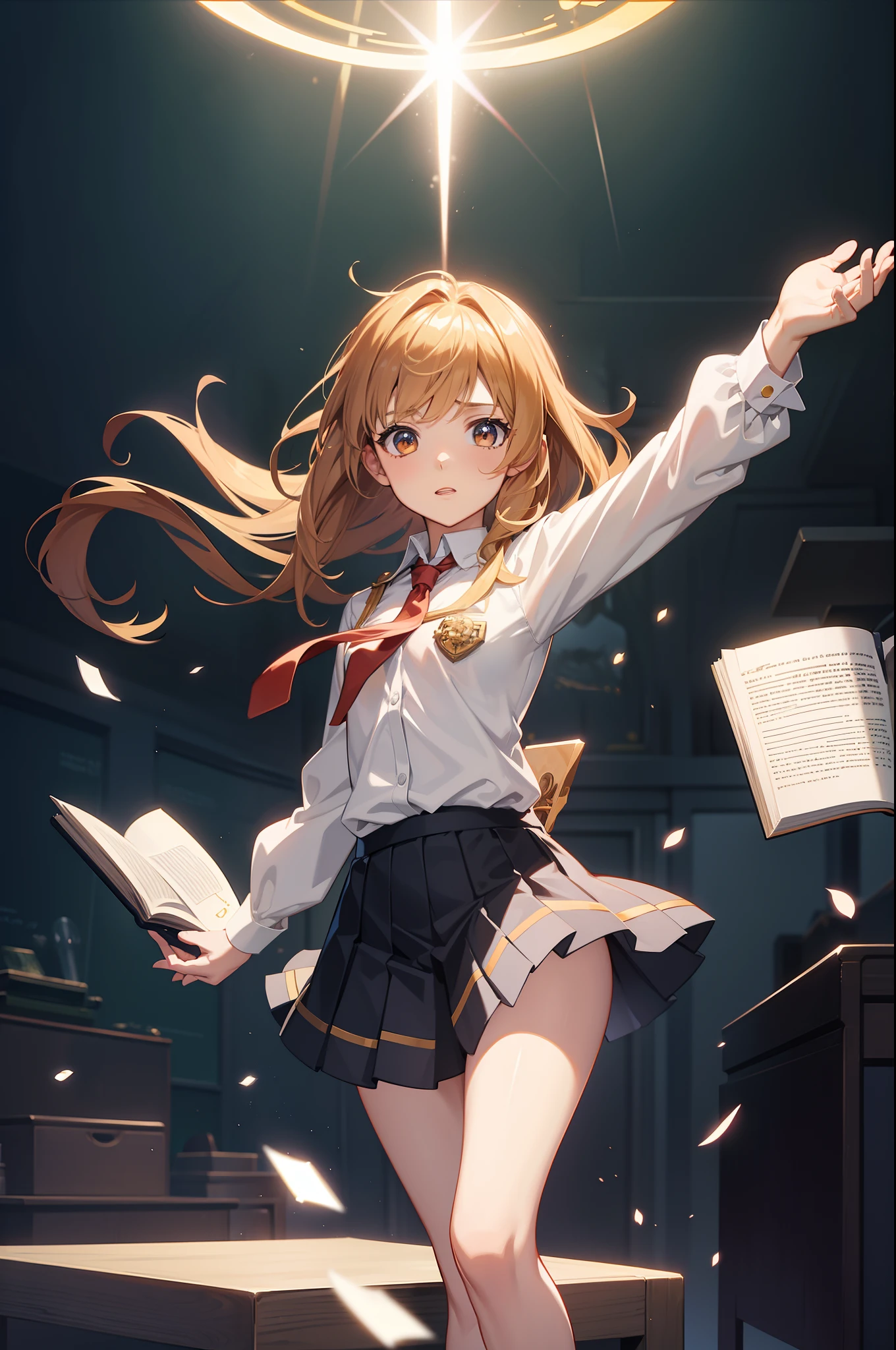 hermione granger, petite body shape, tie, masterpieces, best quality anime 4k wallpaper, holding a book, holy shiny magic effect, magical aura, classroom background, best lightning