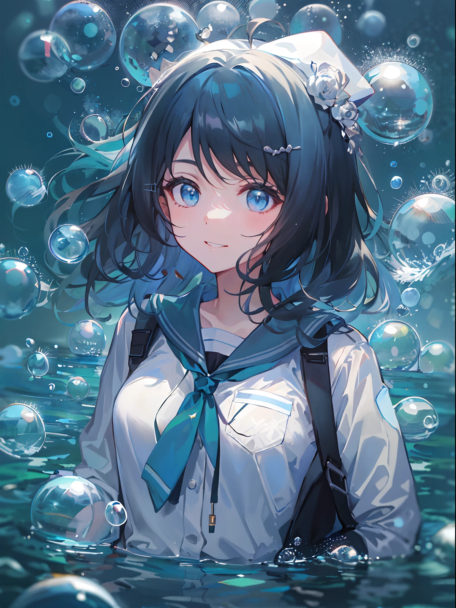 ((top-quality)), ((masterpiece)), ((ultra-detailliert)), (extremely delicate and beautiful), girl with, 独奏, cold attitude,((Black jacket)),She is very(relax)with the(Settled down)Looks,A dark-haired, depth of fields,evil smile,Bubble, under the water, Air bubble,bright light blue eyes,Inner color with black hair and light blue tips,Cold background,Bob Hair - Linear Art, shortpants、knee high socks、White uniform like school uniform、Light blue ribbon ties、Clothes are sheer、Hands in pockets