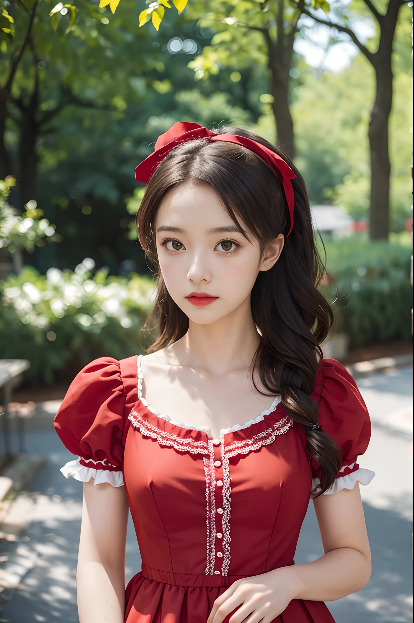 photo of a girl in red lolita_dress, dutch , bright eyes, blurred background, fine details, photorealistic, relaxed atmosphere, film photography, natural blurry