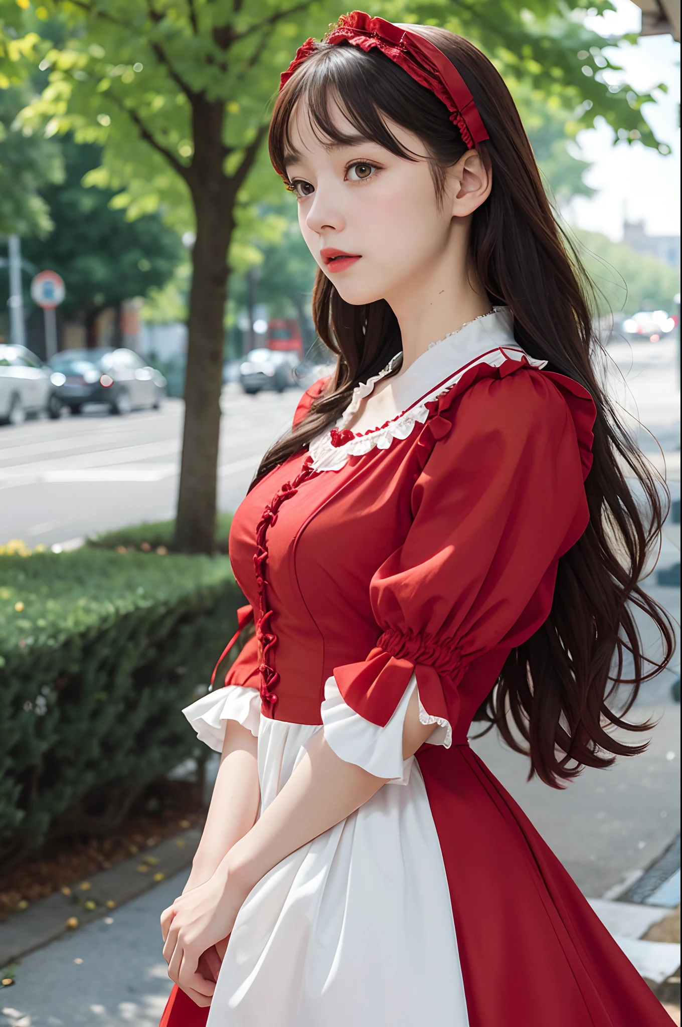 photo of a girl in red ta_dress, dutch , bright eyes, blurred background, fine details, photorealistic, relaxed atmosphere, film photography, natural blurry