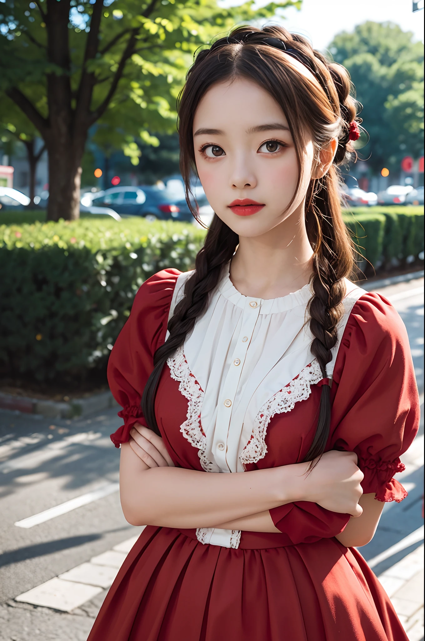 photo of a girl in red ta_dress, dutch , bright eyes, blurred background, fine details, photorealistic, relaxed atmosphere, film photography, natural blurry