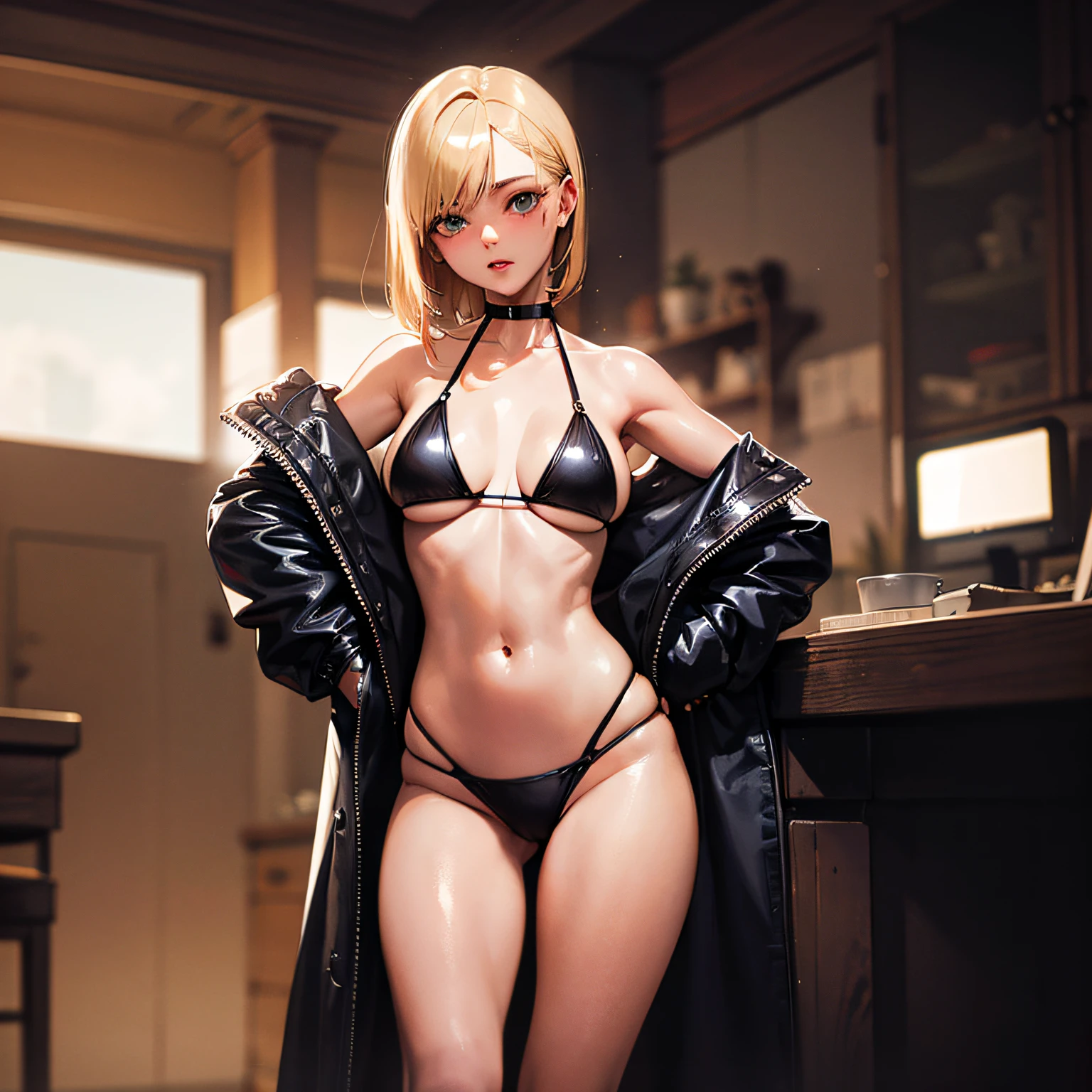 a 20 yo woman、One Woman、a blond、bustup、maikurobikini、highleg、Super High Leg、Beautiful face drawn in every detail、Glossy skin、studio shoot、photo book、model poses、(hi-top fade:1.3)、dark themed、Muted Tones、Subdued Color、highly contrast、(natural skin textures、Hyper-Realism、Soft light、sharp)