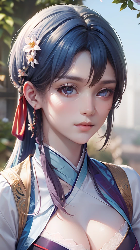 (Girl), Lace, Ribbon, Hanfu, (Masterpiece, Side Light, Delicate and Pretty), Masterpiece, Realistic, Glowing Eyes, Sparkling Hair, Shiny Skin, Celimecy, Bare Shoulder, Delicate, Beautiful, Garden, Flowers, Fluttering Petals