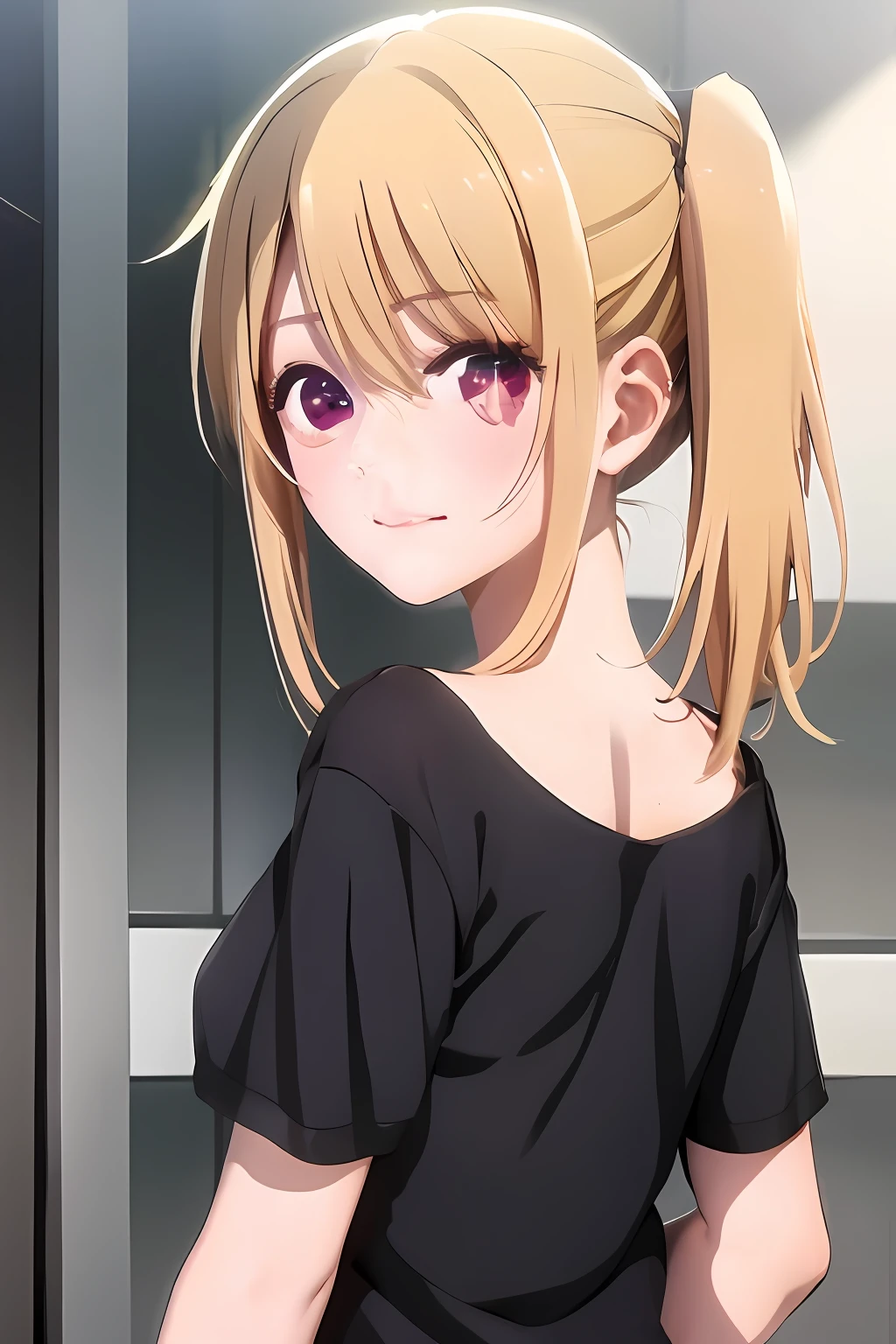 anime girl with blonde hair and pink eyes standing in front of a door, anime visual of a cute girl, anime moe artstyle, [[[[grinning evily]]]], anime girl named lucy, smooth anime cg art, rin, anime best girl, cute anime girl, portrait anime girl, anime girl wearing a black dress, cute anime girl portrait