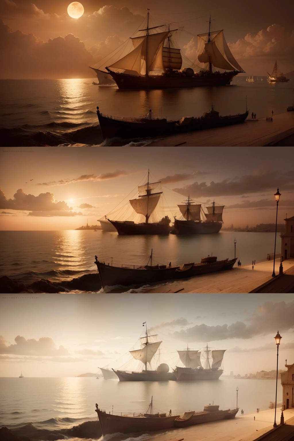 create a period film image with two ships in the port of Joppa before Christ. One of the ships should be on its way to navigation and the landscape should have brown hues, beges e de por do sol. An aerial viewing angle should appear and a pier should be present in the image