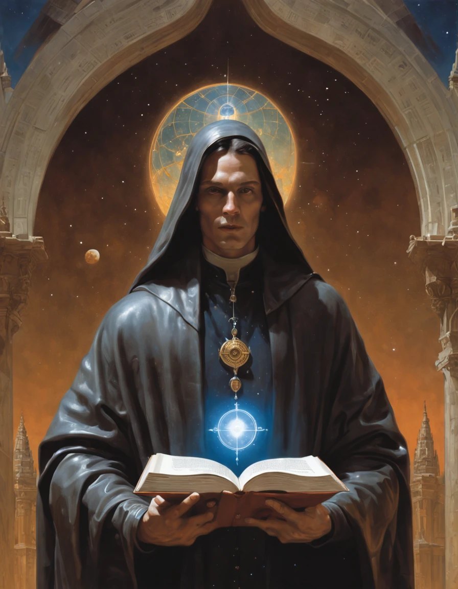 Pintura de Isaac Newton segurando um livro, mystic atmosphere, Geometria sagrada, Mystery religions, hermetic, Hermetic symbols, (master part), (melhor qualidade), ((vista frontal)), arte Boris Vallejo, Syd Mead.