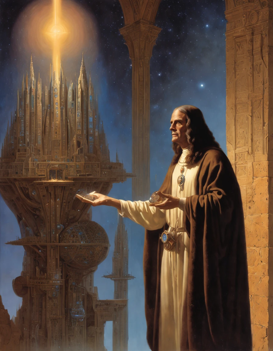 Pintura de Isaac Newton segurando um livro, mystic atmosphere, Geometria sagrada, Mystery religions, hermetic, Hermetic symbols, (master part), (melhor qualidade), ((vista frontal)), arte Boris Vallejo, Syd Mead.