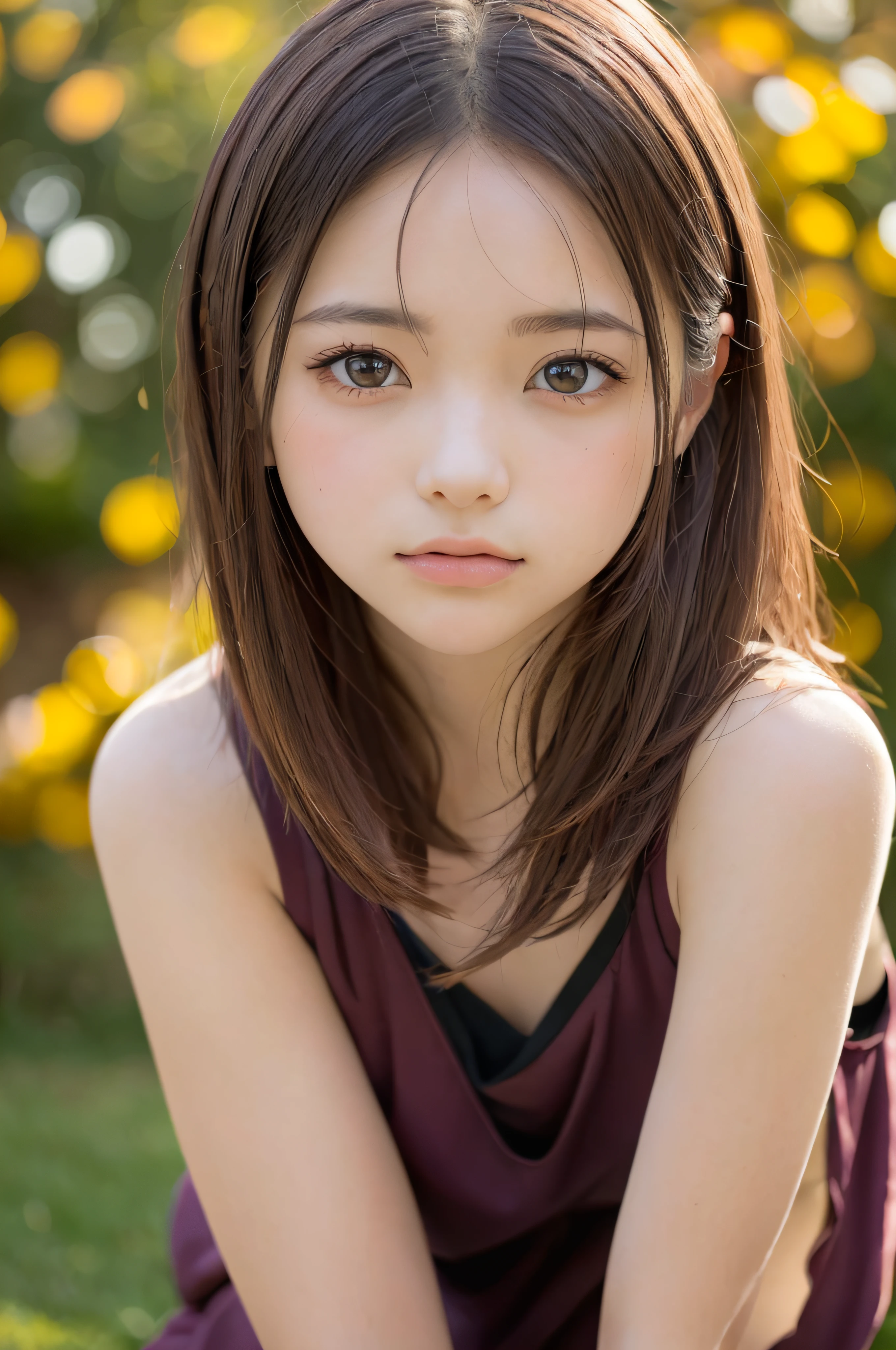 autumnal、Colored leaves、(masutepiece, Best Quality:1.3), 8K, Raw photo, Delicate girl, Cinch West, small tits, violaceaess, gardeniass, (Solo, A clear day:0.8), (Simple background:1.4), (Bokeh background:1.3), face lights, , Looking at Viewer, thin arm, Dynamic lighting, (Eyes and faces with detailed:1.2)