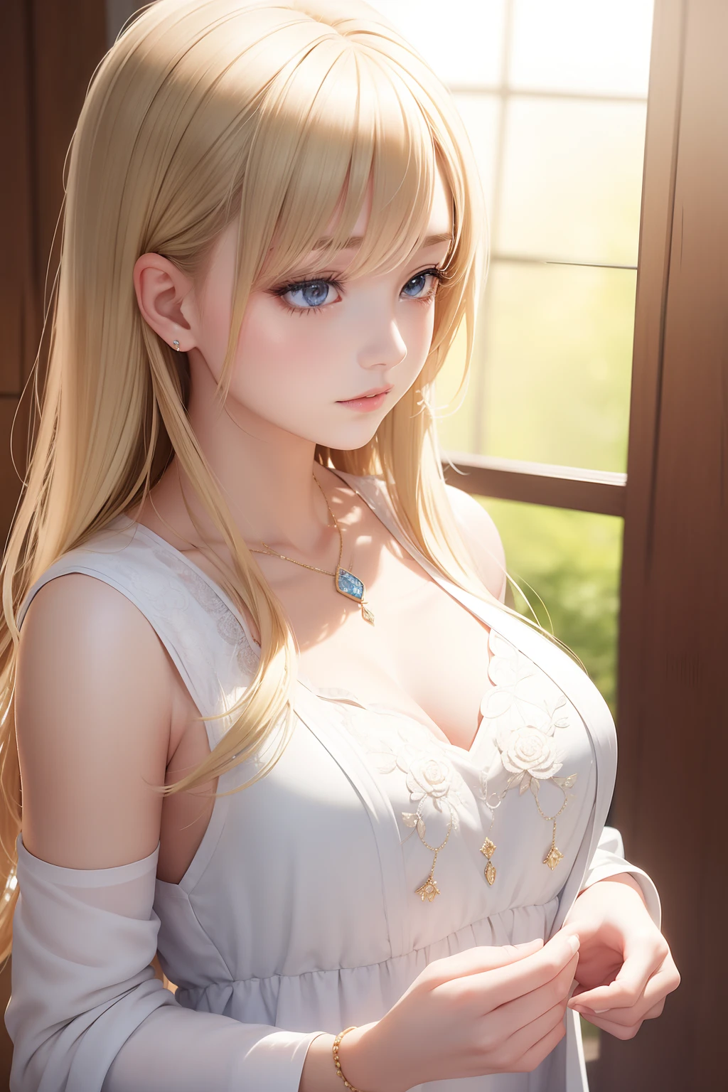 In an anime-inspired world, a young and captivating teenage girl with flowing blond hair stands as a vision of elegance. Adorned in a light linen dress and delicate jewelry, she radiates an ethereal charm that captures the essence of beauty.
Rendered with careful attention to detail, the artwork captures the intricate features of the girl's attire and accessories. The background is subtly blurred to accentuate her presence. Shading and highlights are applied to showcase the fabric texture and jewelry.
Soft, diffused light bathes the scene, highlighting the girl's features and attire. The lighting adds a touch of enchantment, casting a gentle glow on her dress and jewelry. The atmosphere is both serene and captivating, capturing the essence of the moment. --ar 16:9 20 --s 2