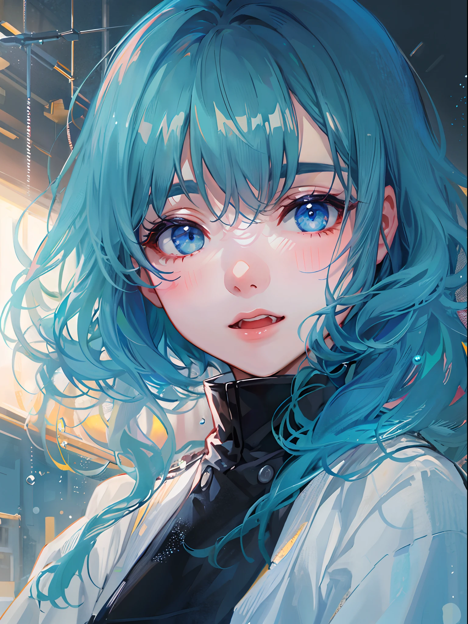 ((top-quality)), ((​masterpiece)), ((ultra-detailliert)), (extremely delicate and beautiful), girl with, 独奏, cold attitude,((Black jacket)),She is very(relax)with  the(Settled down)Looks,A dark-haired, depth of fields,evil smile,Bubble, under the water, Air bubble,bright light blue eyes,Inner color with black hair and light blue tips,Cold background,Bob Hair - Linear Art, shortpants、knee high socks、White uniform like school uniform、Light blue ribbon ties、Clothes are sheer、Hands in pockets