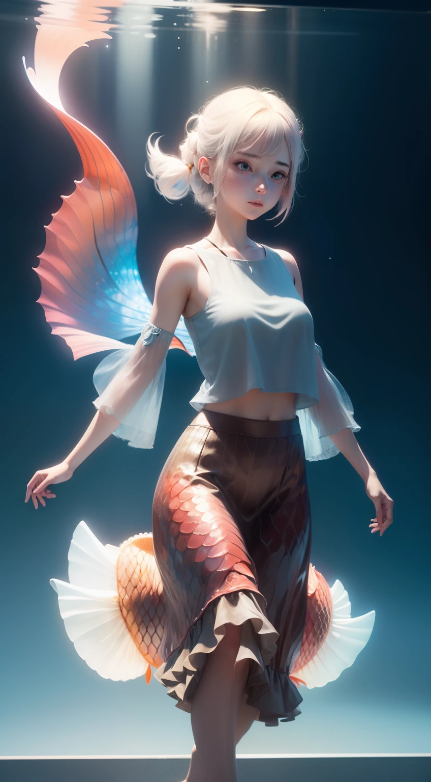 A girl，(((carp)))，Long skirt，Irridescent color,  Fades to translucent, transparent glass texture, Irridescent color, Designed by Dietrams, Simple, Glows in high detail, white backgrounid, C4D, OC renderer, Clean shadows, 4K