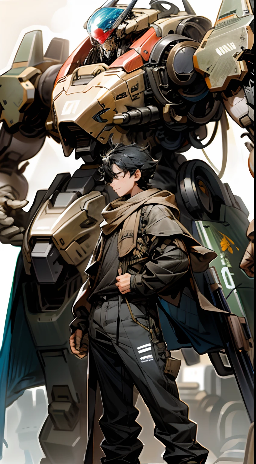 The boy stood in front of the mech