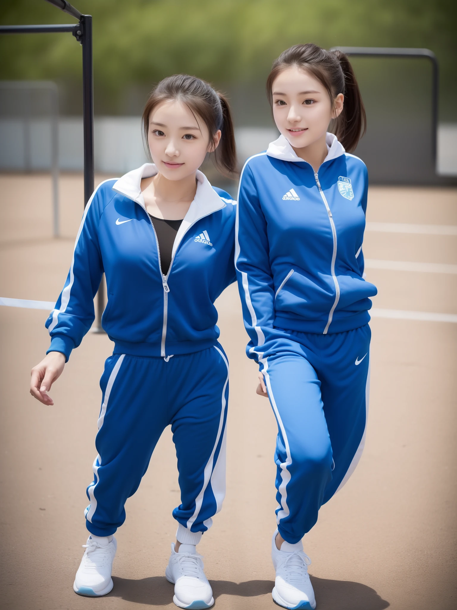1 very beautiful female high school student，Wear blue and white tracksuits，Play volleyball on the school playground，Super high value，perfect body figure，Beautiful short ponytail，Delicate hair，Fair face and skin，There are beads of sweat hanging down，Have fun on the playground，Breasts are full and huge:1.5，Chest hyperexcion，The tracksuit on the chest is high and bulging, Tightness and bulging，Delicate fair and soft toes，detailed finger，fully body photo