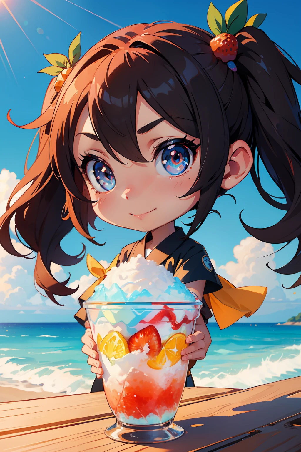 masutepiece, High resolution, 8K, anime woman, Delicate and detailed writing 、Detailed digital illustration、(Chibi:1.2)、（​masterpiece:1.4）、（top-quality：1.4)、（a very pretty girl、hyperdetailed face、Eyes Like Gems、very long light brown hair、Colorful gradient hair:1.4）、（full body Esbian、Perfect two arms、Perfect two legs:1.4）、(Perfect four fingers:1 thumb)、brilliance、Ultra-fine、Pigtails、细致背景、Fantastical、Underexposed eyes、hiking clothes、There is a big red ribbon on the clothes、Fantastic background、eyes large and double,,,,,,,,,,,,,,,,,,、Eyes are orange gradients、Sparkly orange pupils、Soothing、Greet with your best smile、Beautiful Hawaiian ocean background、(((Colorful shaved ice topped with fruit)))、Blue sky on sunny background、Eat shaved ice at your desk