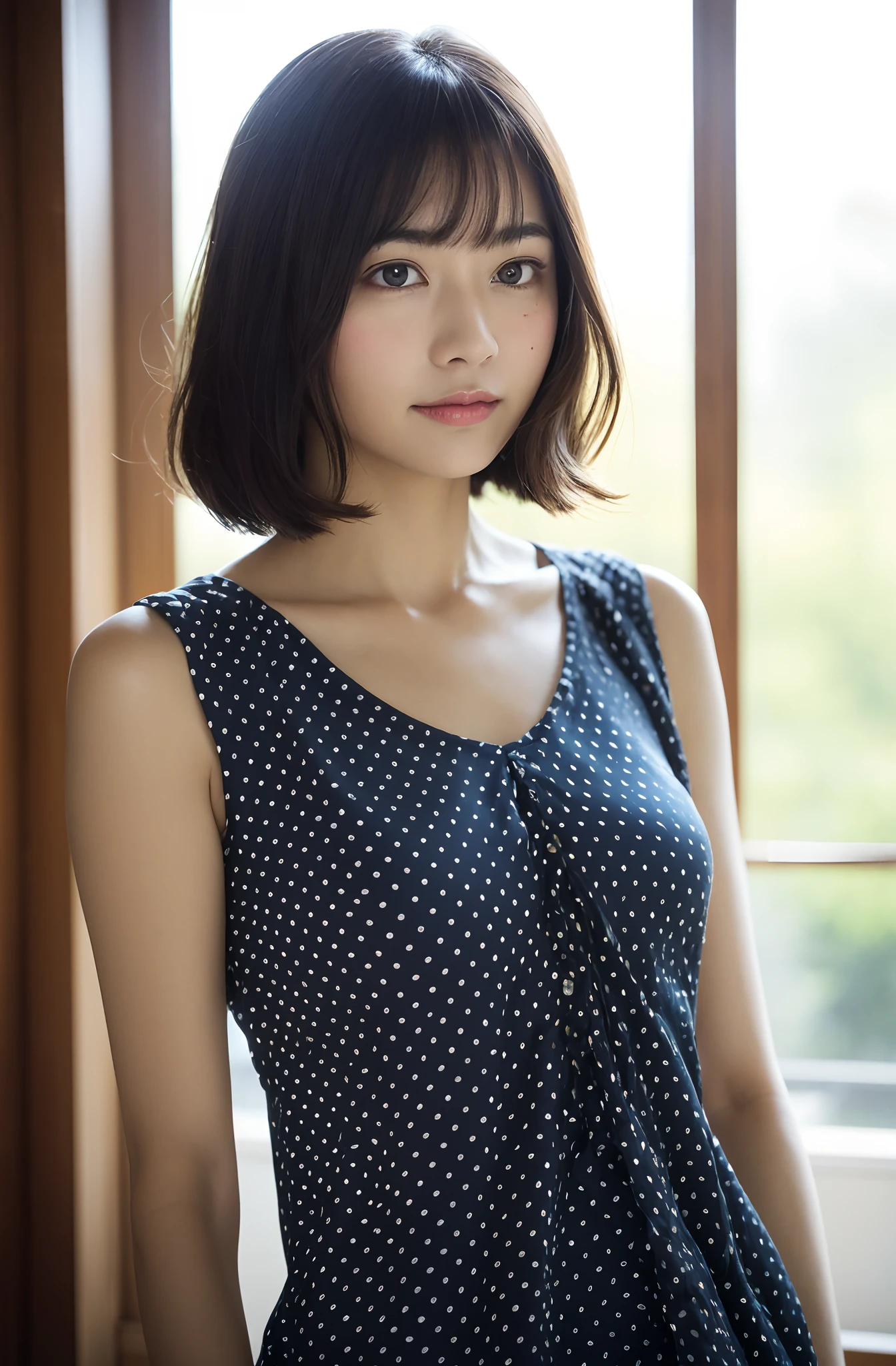 8K、top-quality、masterpiece、超A high resolution、photo-like、SLR、beautiful japanese female、Elegance、There is a good、Gentle face、Beauty of the wind、Moist beauty、short-cut、Keep your bangs neat and tidy、Looking down,From below,、The eyes are far away、Transparent atmosphere、Beautiful face、Raised corners of the mouth、drooing eyes、Tanuki face、wrist watch、a necklace、A bracelet、Gradient lighting、Drop long bangs to the side、Girls and men、Delicate skin、Look into the distance、Brown-eyed、up chest、the shape of the chest is clear,,,,,,,,,,,,,,,,,,,、very very gigantic boobs、breasts are large、Raw photography、(pureerosface_v1:0.5)、Polka dot puff sleeves button front blouse、Front button、Vbottleneck、polka dot、white clothes、Sleeveless、no sleeves、Sleeveless blouse、sleeve less、tight fitted、white clothes、、Sexy clothes、Sheer feeling、Take your eyes off、subject、Lean、Look here、Ass big、big butts、bbw、morning sunlight、Station platform、The morning sun is dazzling、