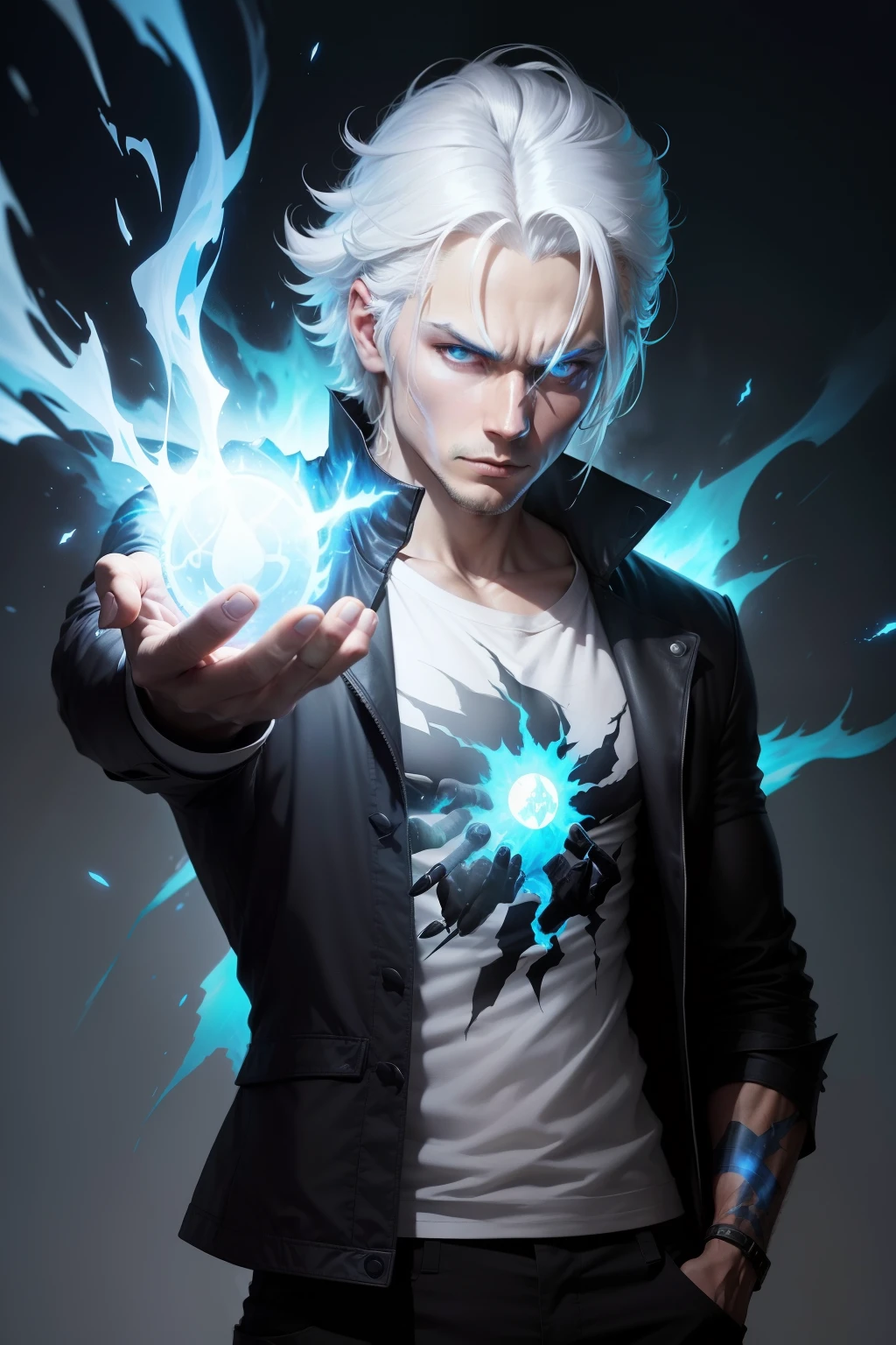 Here is an image I found of a man with dark clothing, white hair, and blue flames coming out of his hands. Unfortunately, I couldn’t find an image with the name “AkirA” written on his shirt. Is there anything else I can help you with?