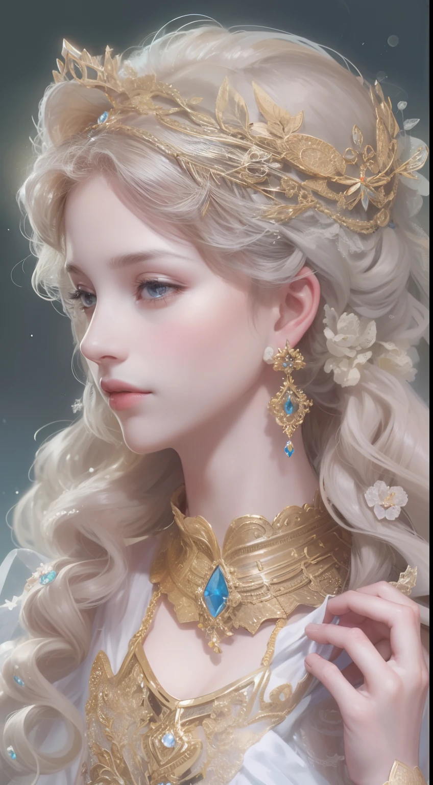 tmasterpiece,Highest high resolution,Beautiful bust of a noble lady,Delicate braided hair,Clear eyes,The hair is covered with beautiful and delicate floral craftsmanship, Crystal jewelry filigree,Ultra-detailed details,upscaled。Soft lighting