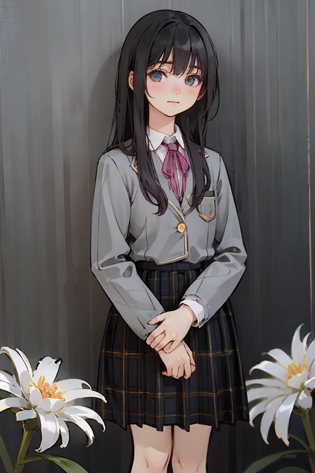 masterpiece, best quality, 1girl, nogizaka_costume, cowboy shot, thighs, beautiful girl, flowers, many small petals, garden, blue sky, looking at viewer, small waist, official art, raw photo, incredibly absurdres, facelight, dynamic lighting, cinematic lighting, ultra realistic, highres, photography, sharp focus, highest detailed, extreme detailed, ultra detailed, finely detail, extremely detailed eyes and face