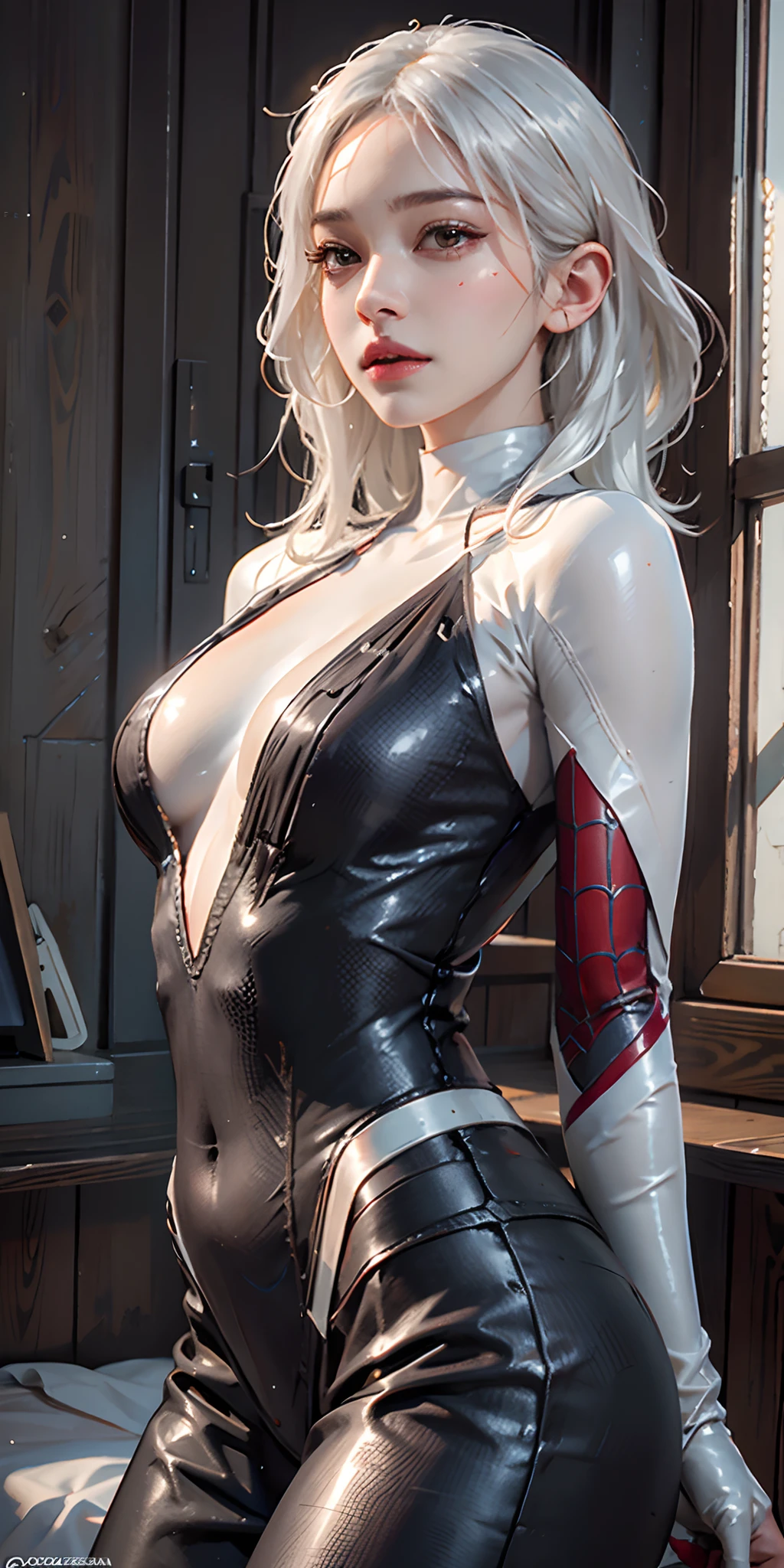 photorealistic, high resolution, soft light,1women, solo, hips up, shining skin, (detailed face),gwen spiderman costume, undercut, white hair